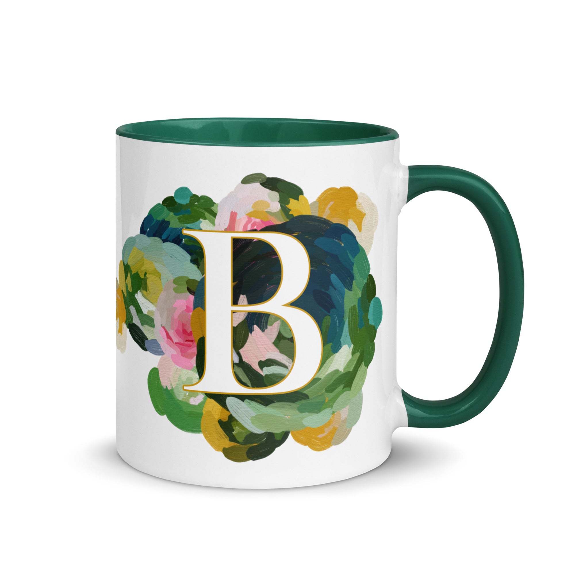 Blue Flowers Monogram Ceramic Mug - Letter B - Pretty coffee and tea mug for flower lovers. Green colored on the inside and the handle. Art by Parima Studio. Chic floral mug