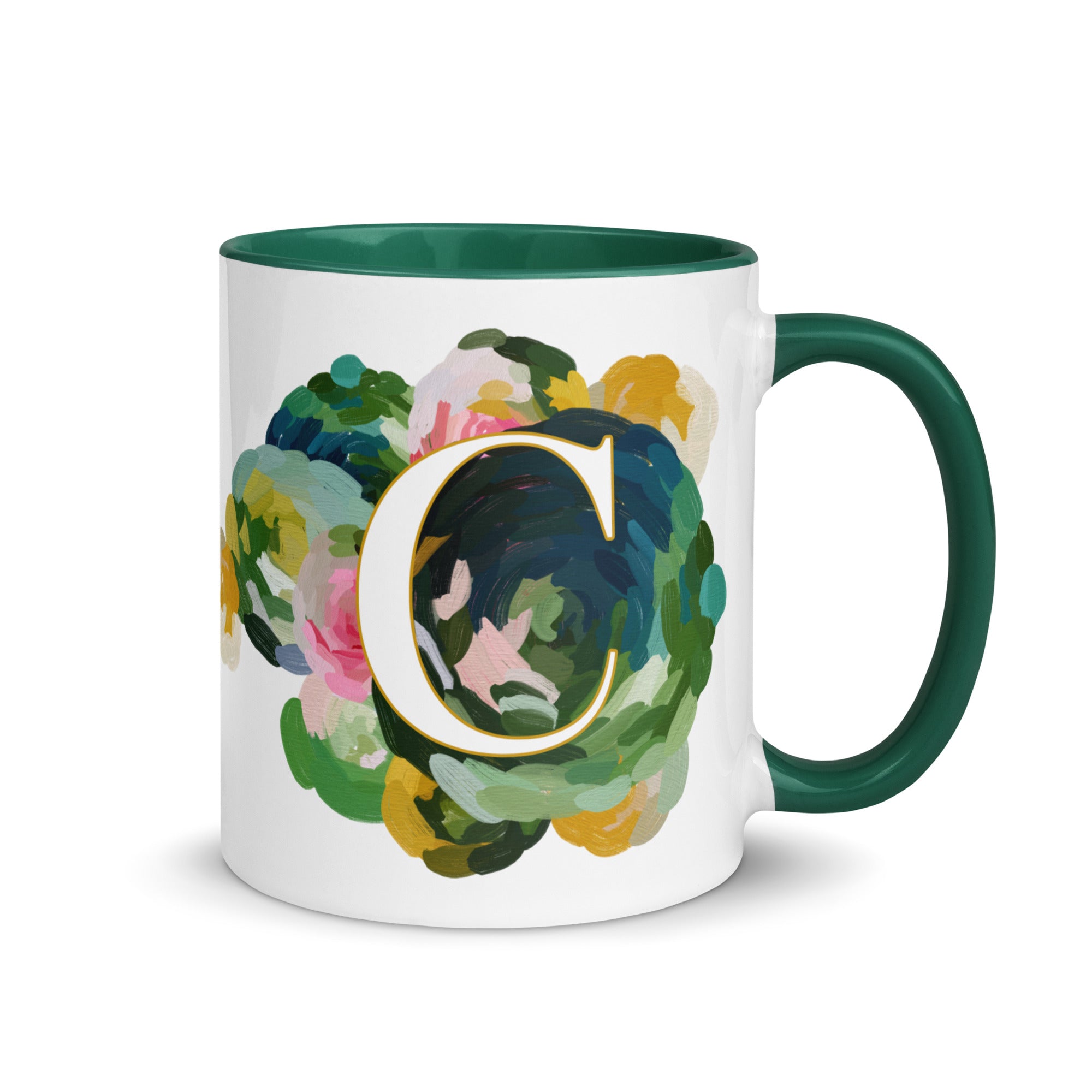 Blue Flowers Monogram Ceramic Mug - Letter C - Pretty coffee and tea mug for flower lovers. Green colored on the inside and the handle. Art by Parima Studio. Chic floral mug