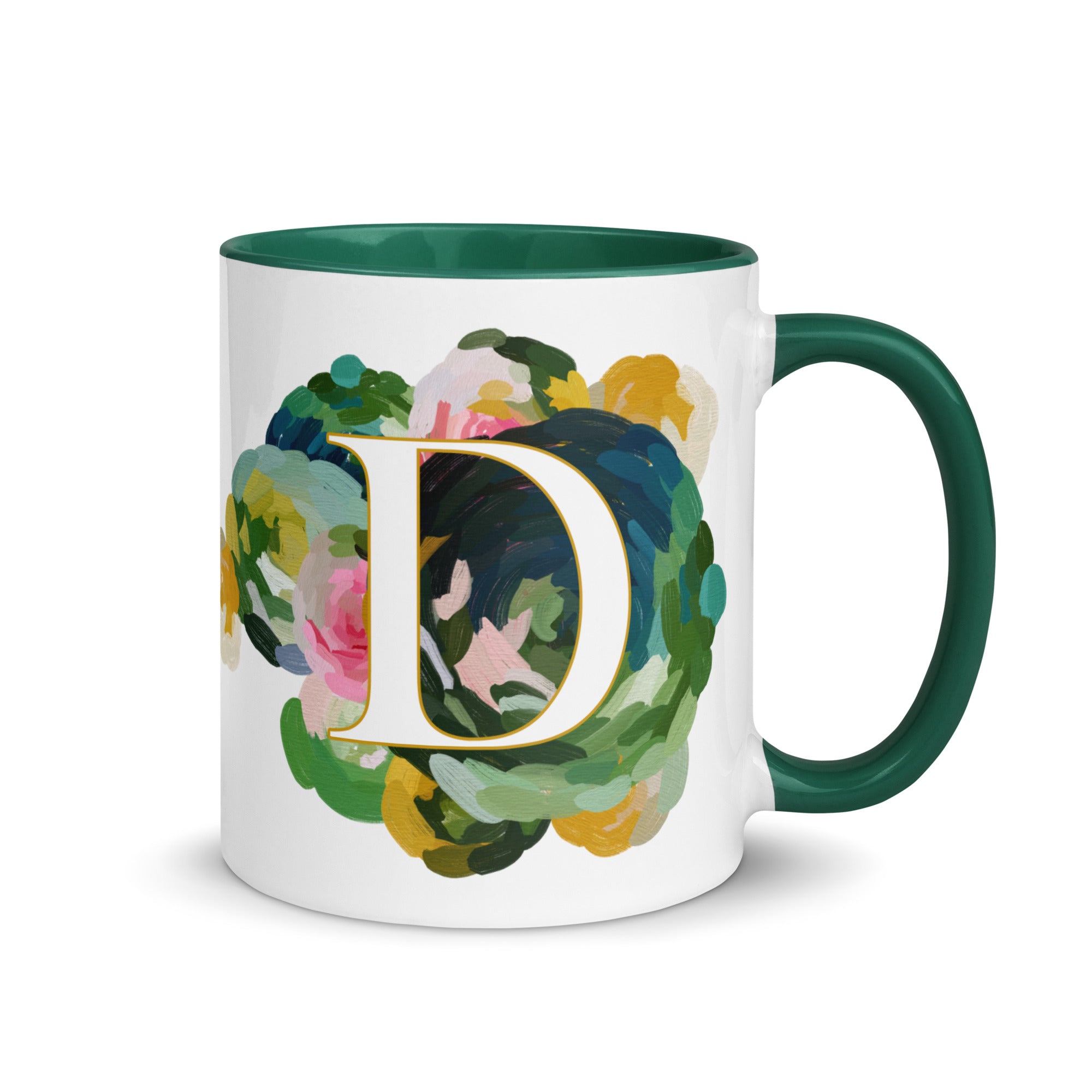 Blue Flowers Monogram Ceramic Mug - Letter D - Pretty coffee and tea mug for flower lovers. Green colored on the inside and the handle. Art by Parima Studio. Chic floral mug