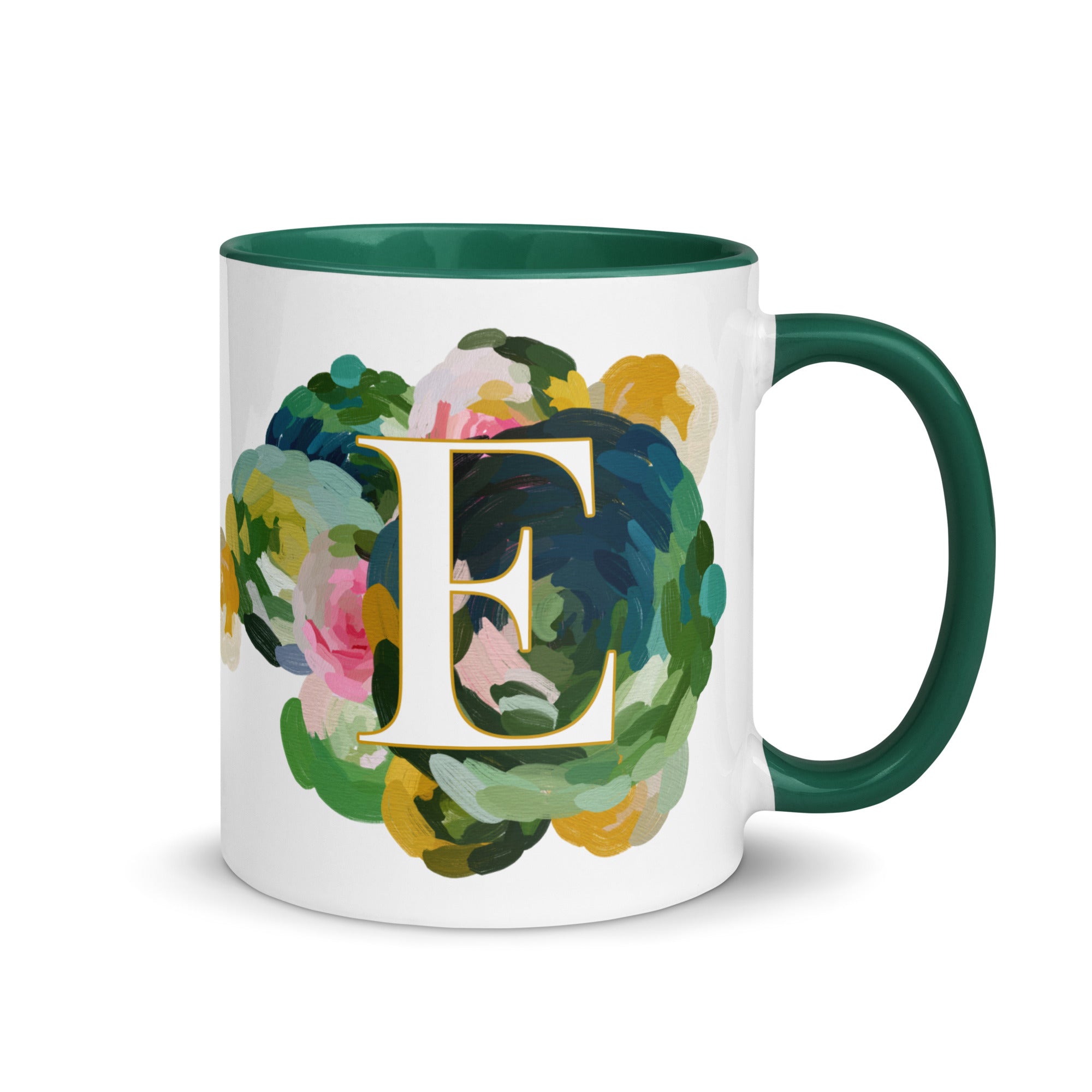 Blue Flowers Monogram Ceramic Mug - Letter E - Pretty coffee and tea mug for flower lovers. Green colored on the inside and the handle. Art by Parima Studio. Chic floral mug