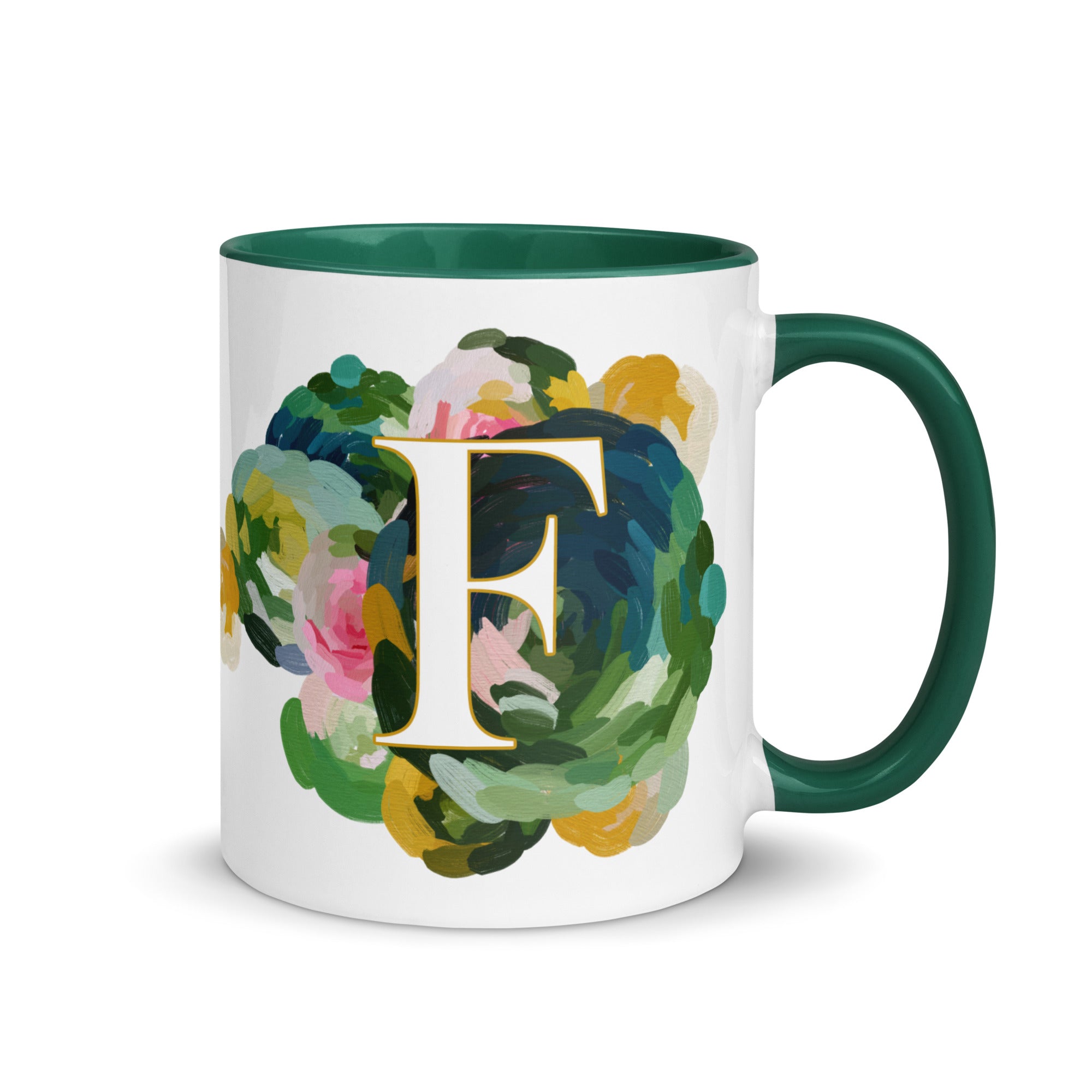 Blue Flowers Monogram Ceramic Mug - Letter F - Pretty coffee and tea mug for flower lovers. Green colored on the inside and the handle. Art by Parima Studio. Chic floral mug