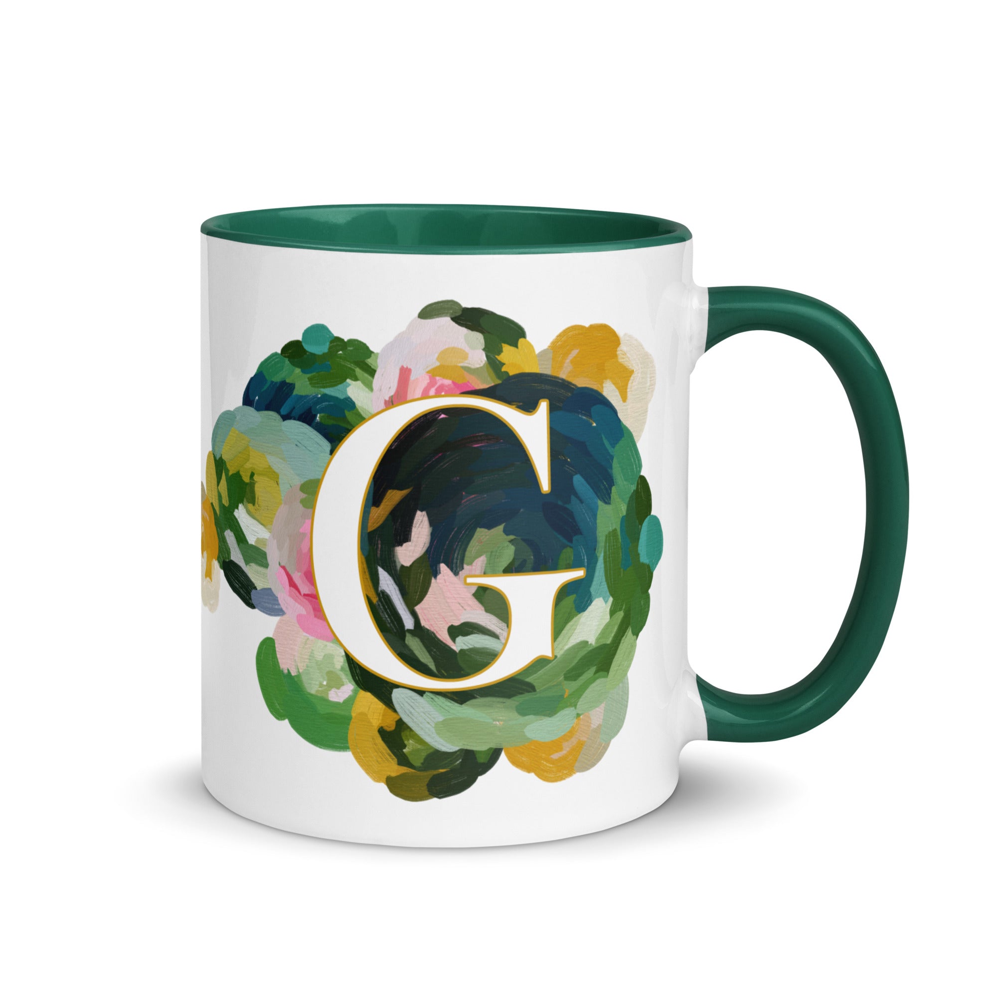 Blue Flowers Monogram Ceramic Mug - Letter G - Pretty coffee and tea mug for flower lovers. Green colored on the inside and the handle. Art by Parima Studio. Chic floral mug
