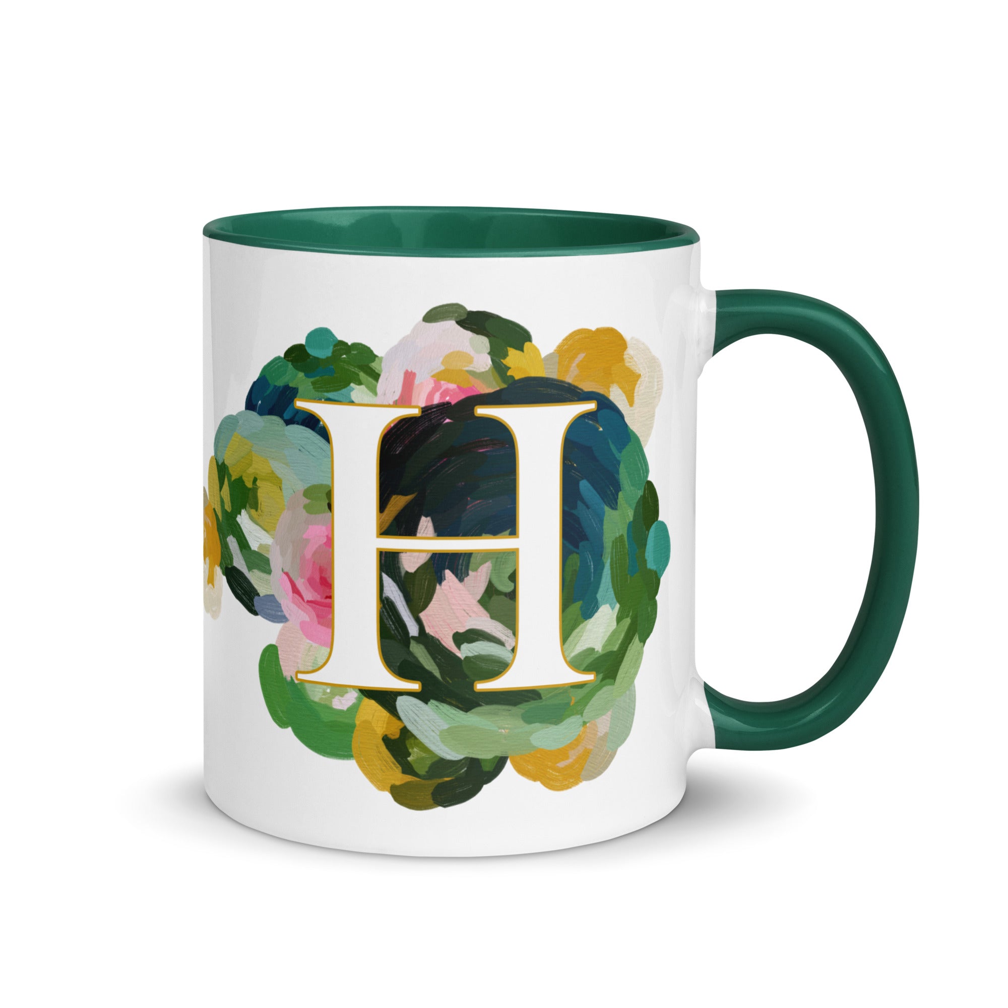 Blue Flowers Monogram Ceramic Mug - Letter H - Pretty coffee and tea mug for flower lovers. Green colored on the inside and the handle. Art by Parima Studio. Chic floral mug