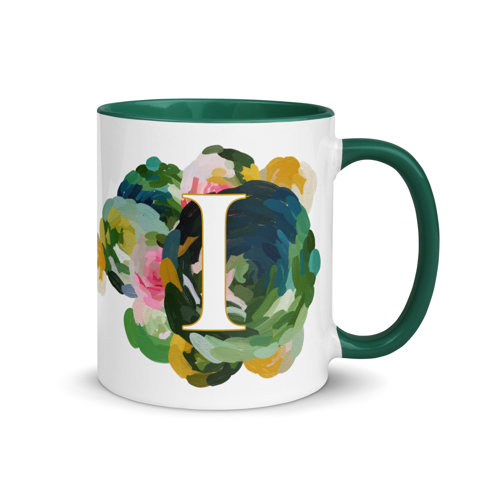 Blue Flowers Monogram Ceramic Mug - Letter I - Pretty coffee and tea mug for flower lovers. Green colored on the inside and the handle. Art by Parima Studio. Chic floral mug
