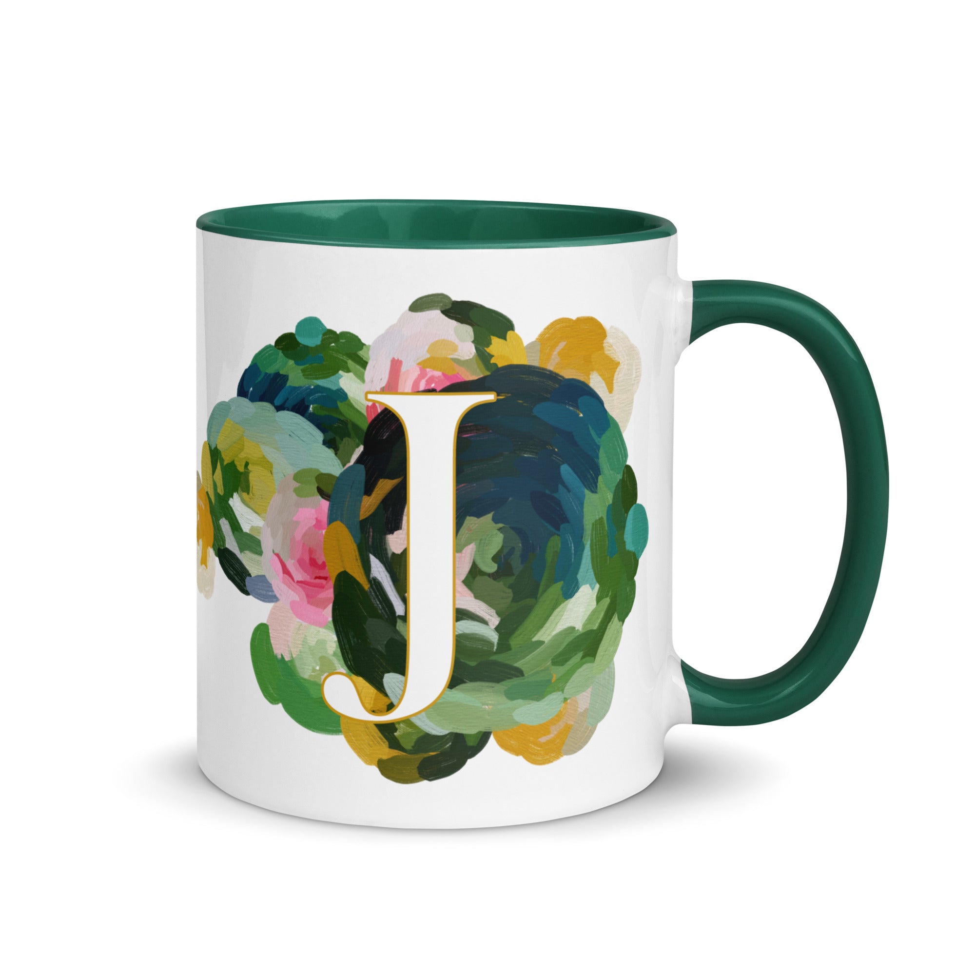 Blue Flowers Monogram Ceramic Mug - Letter J - Pretty coffee and tea mug for flower lovers. Green colored on the inside and the handle. Art by Parima Studio. Chic floral mug