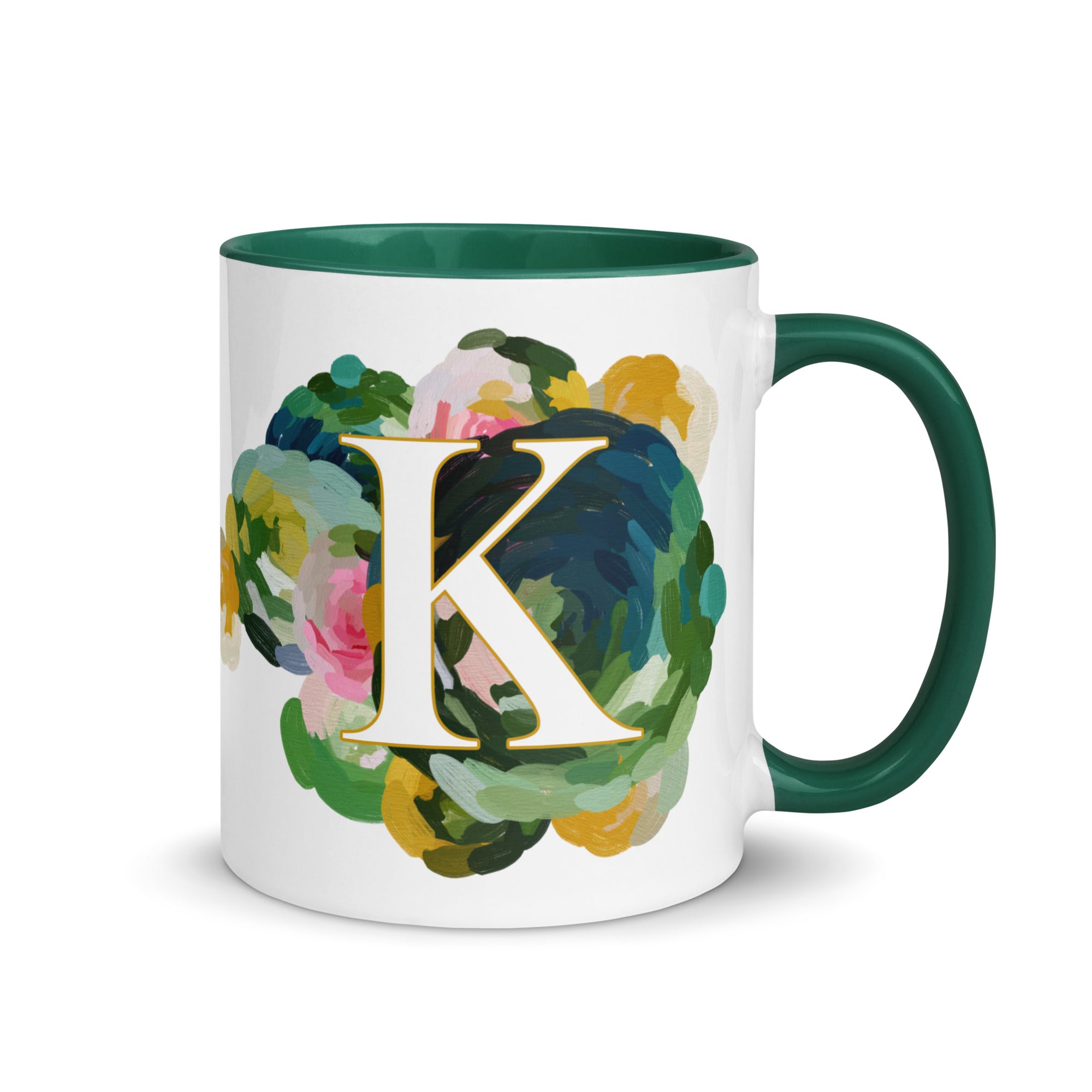 Blue Flowers Monogram Ceramic Mug - Letter K - Pretty coffee and tea mug for flower lovers. Green colored on the inside and the handle. Art by Parima Studio. Chic floral mug