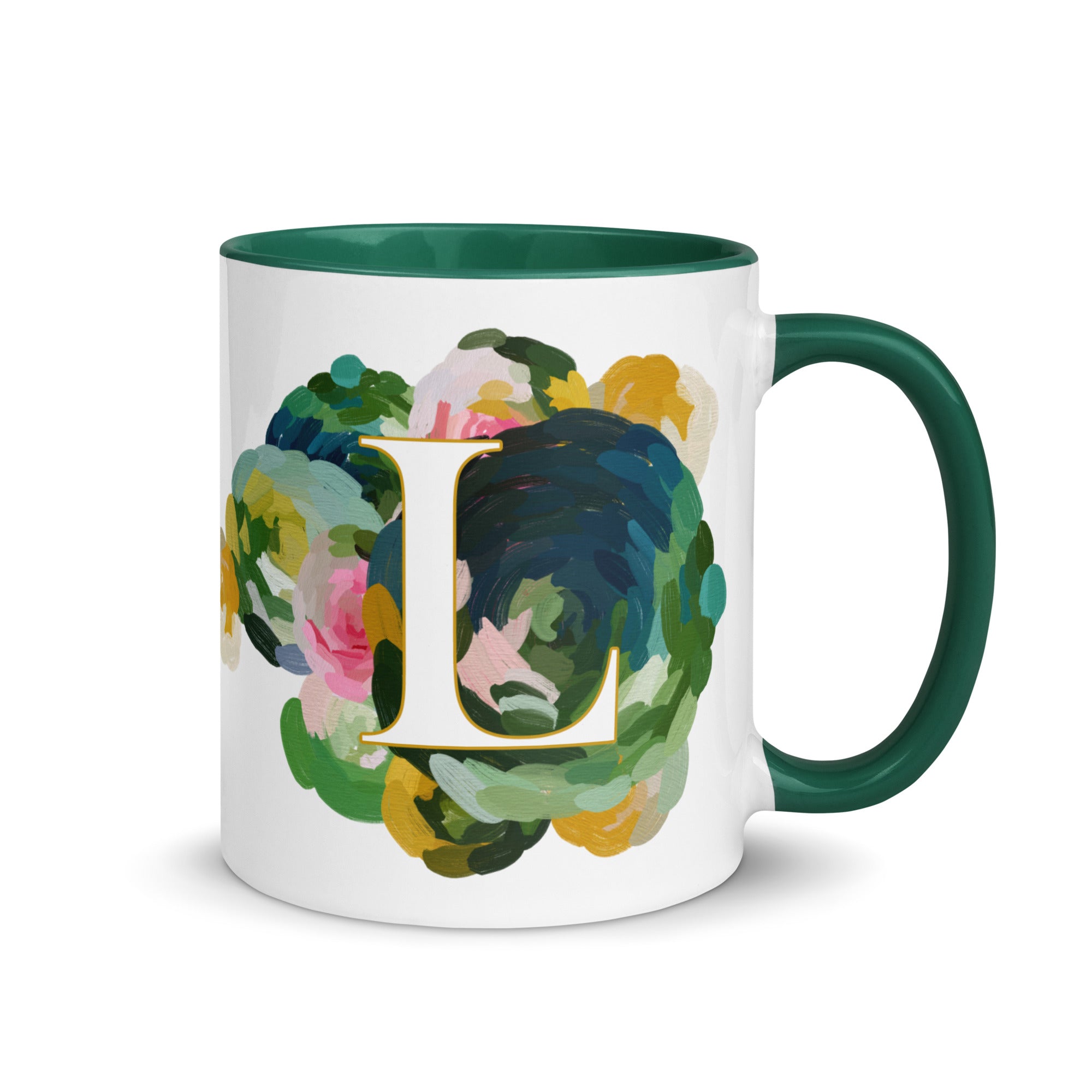 Blue Flowers Monogram Ceramic Mug - Letter L - Pretty coffee and tea mug for flower lovers. Green colored on the inside and the handle. Art by Parima Studio. Chic floral mug