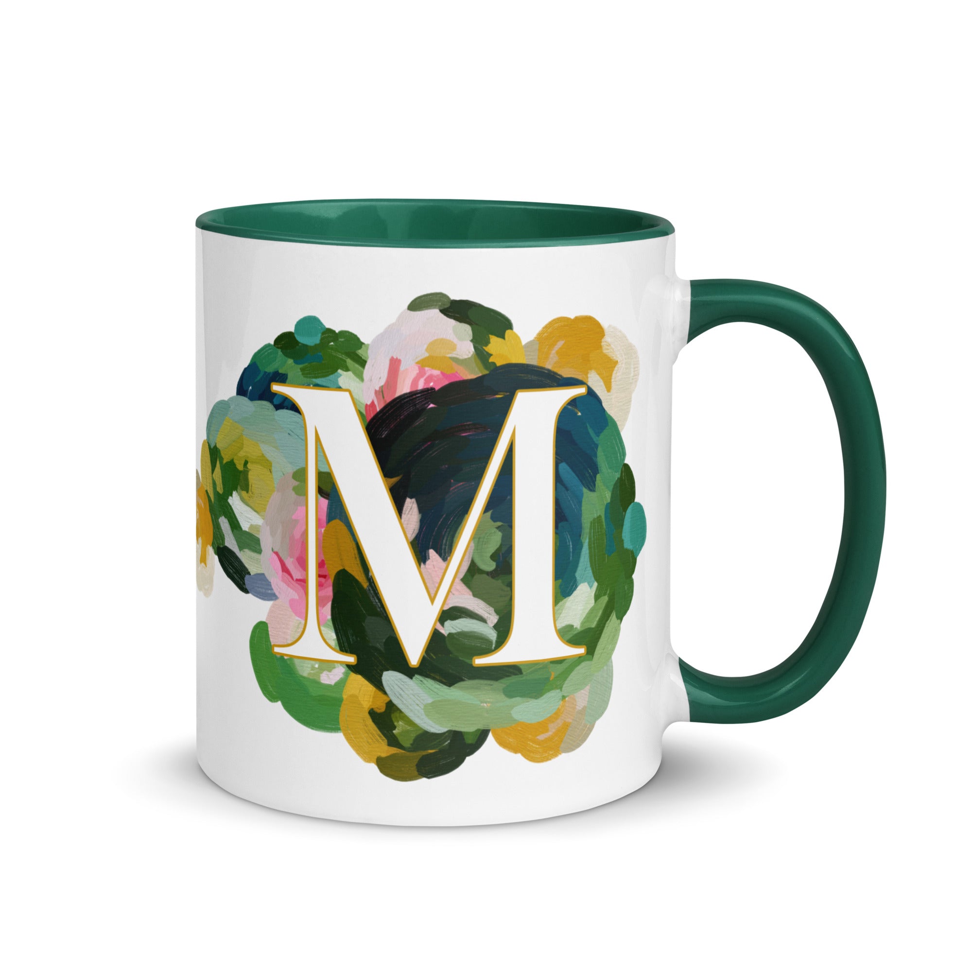 Blue Flowers Monogram Ceramic Mug - Letter M - Pretty coffee and tea mug for flower lovers. Colored on the inside and the handle. Art by Parima Studio. Chic floral mug