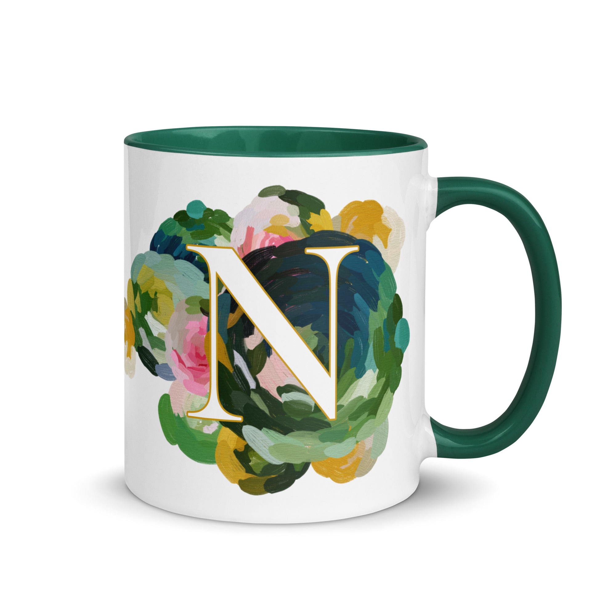 Blue Flowers Monogram Ceramic Mug - Letter N - Pretty coffee and tea mug for flower lovers. Green colored on the inside and the handle. Art by Parima Studio. Chic floral mug