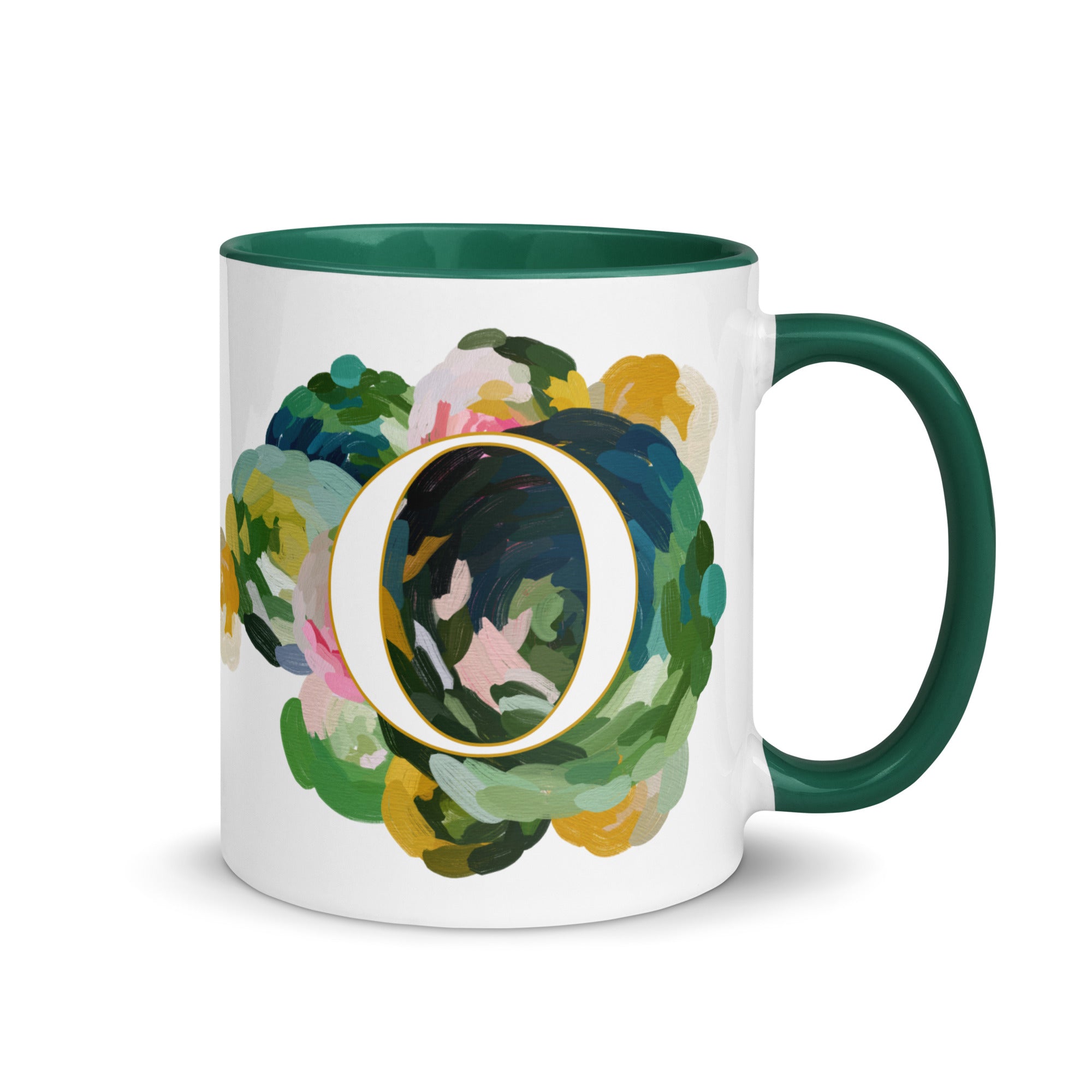 Blue Flowers Monogram Ceramic Mug - Letter O - Pretty coffee and tea mug for flower lovers. Green colored on the inside and the handle. Art by Parima Studio. Chic floral mug
