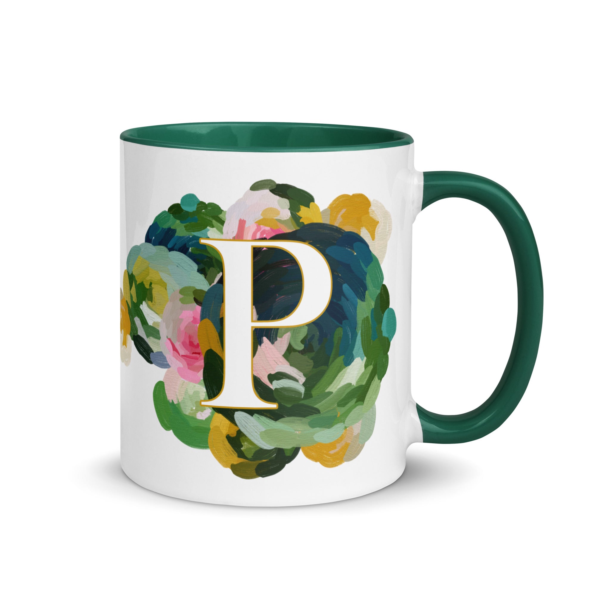 Blue Flowers Monogram Ceramic Mug - Letter P - Pretty coffee and tea mug for flower lovers. Green colored on the inside and the handle. Art by Parima Studio. Chic floral mug