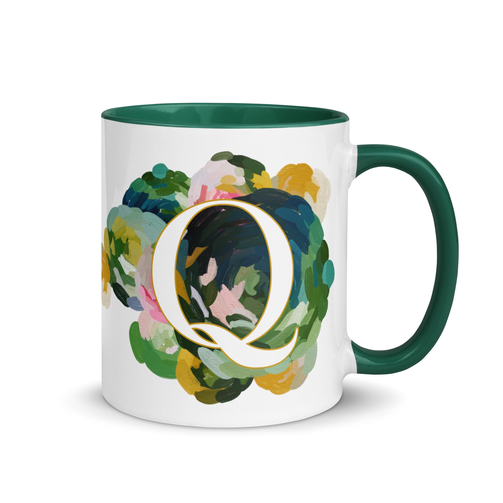 Blue Flowers Monogram Ceramic Mug - Letter Q - Pretty coffee and tea mug for flower lovers. Green colored on the inside and the handle. Art by Parima Studio. Chic floral mug