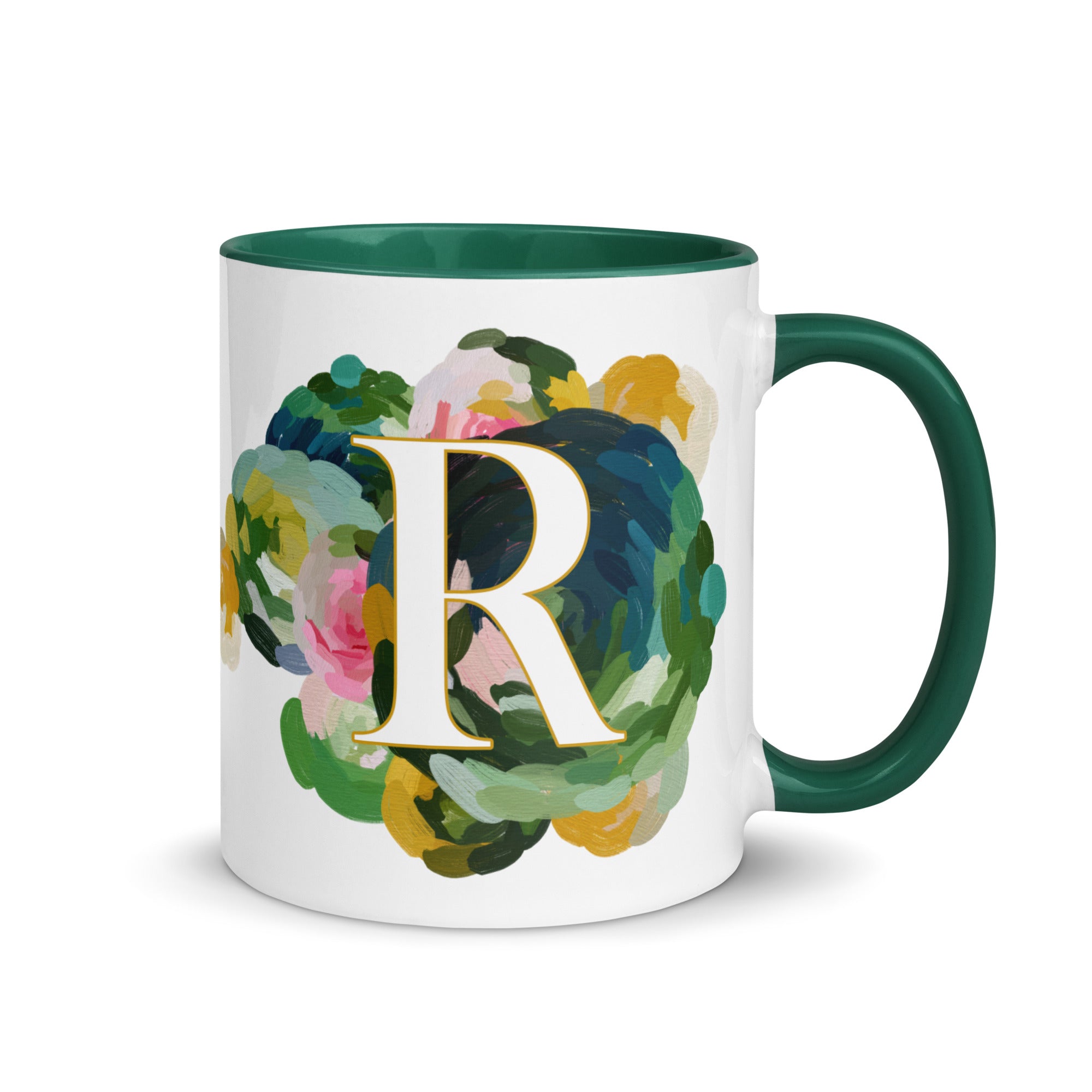 Blue Flowers Monogram Ceramic Mug - Letter R - Pretty coffee and tea mug for flower lovers. Green colored on the inside and the handle. Art by Parima Studio. Chic floral mug