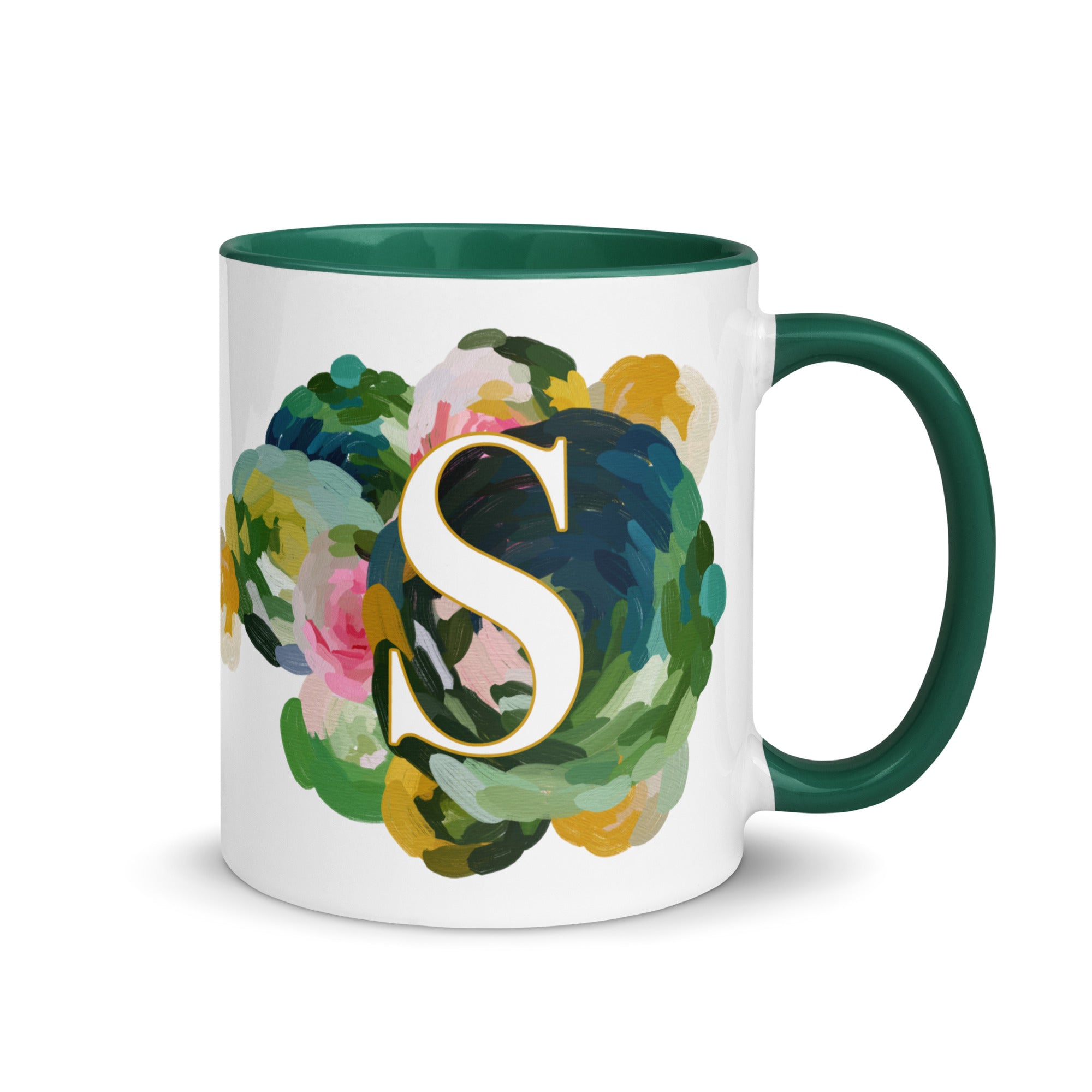 Blue Flowers Monogram Ceramic Mug - Letter S - Pretty coffee and tea mug for flower lovers. Green colored on the inside and the handle. Art by Parima Studio. Chic floral mug
