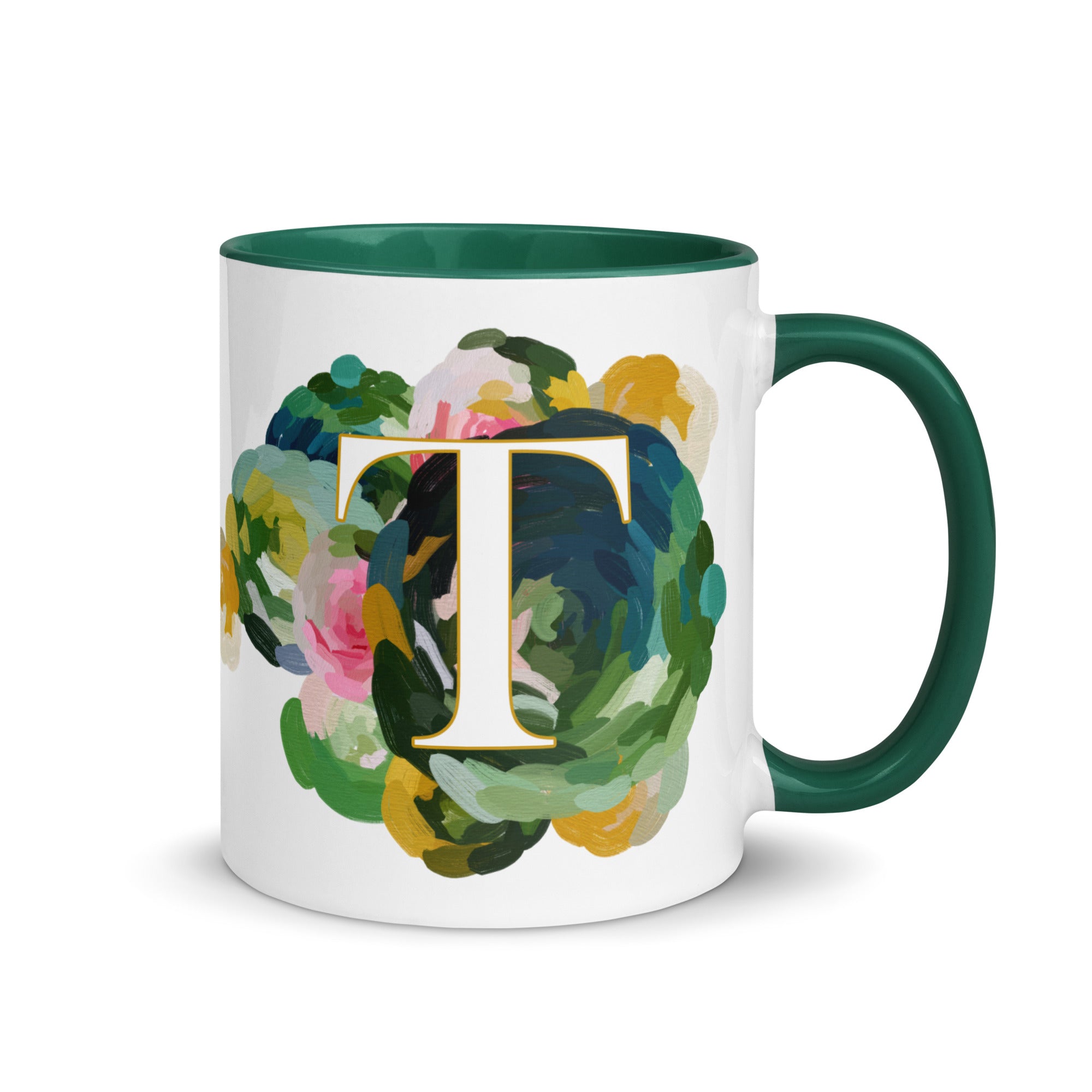 Blue Flowers Monogram Ceramic Mug - Letter T - Pretty coffee and tea mug for flower lovers. Green colored on the inside and the handle. Art by Parima Studio. Chic floral mug