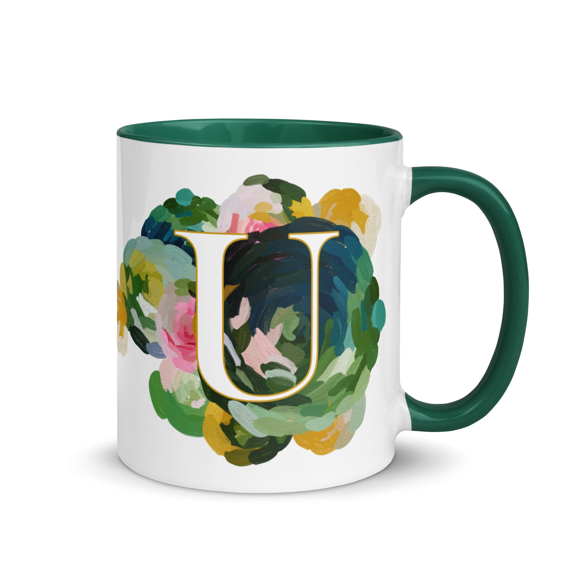 Blue Flowers Monogram Ceramic Mug - Letter U - Pretty coffee and tea mug for flower lovers. Green colored on the inside and the handle. Art by Parima Studio. Chic floral mug