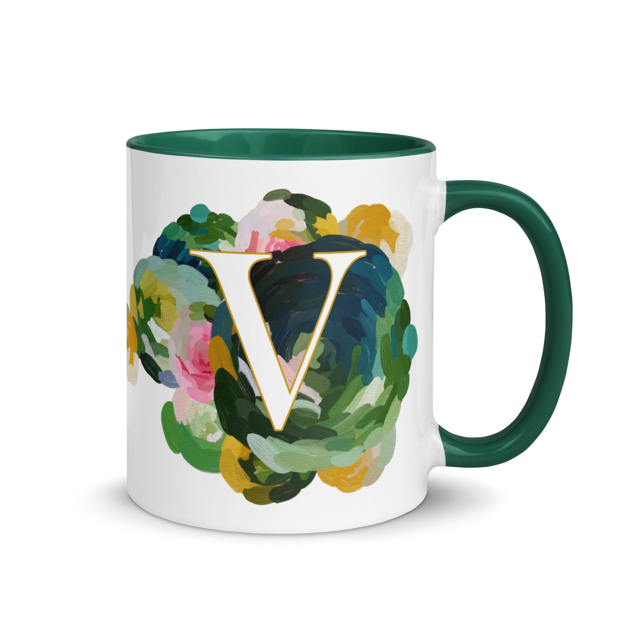 Blue Flowers Monogram Ceramic Mug - Letter V - Pretty coffee and tea mug for flower lovers. Green colored on the inside and the handle. Art by Parima Studio. Chic floral mug