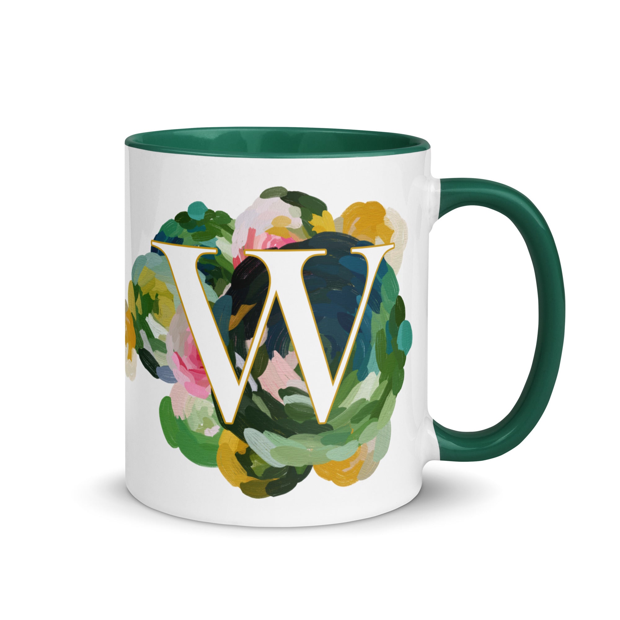 Blue Flowers Monogram Ceramic Mug - Letter W - Pretty coffee and tea mug for flower lovers. Green colored on the inside and the handle. Art by Parima Studio. Chic floral mug