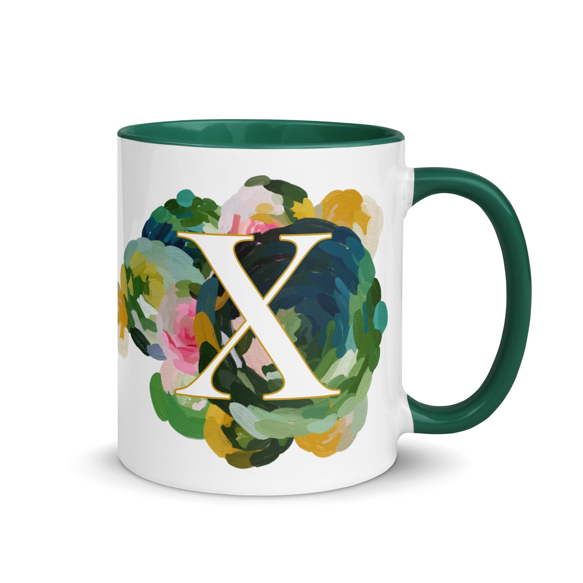Blue Flowers Monogram Ceramic Mug - Letter X - Pretty coffee and tea mug for flower lovers. Green colored on the inside and the handle. Art by Parima Studio. Chic floral mug