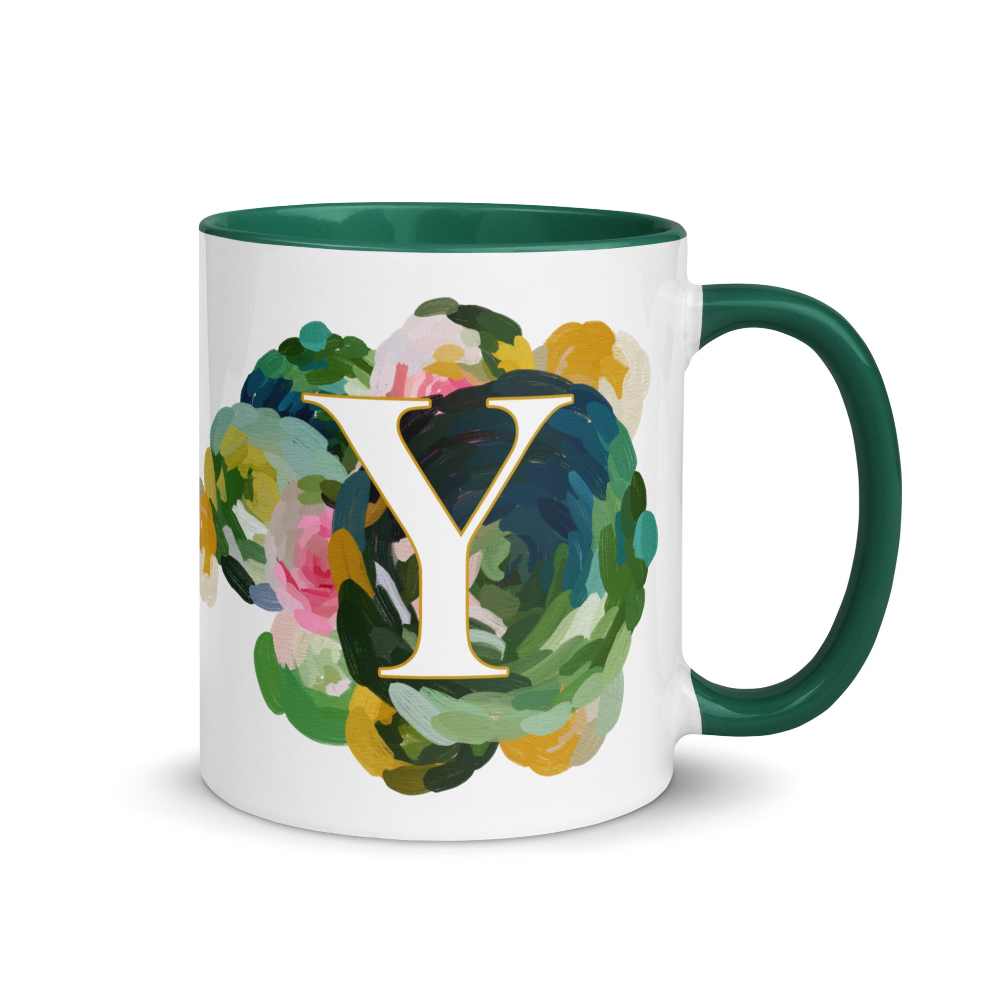 Blue Flowers Monogram Ceramic Mug - Letter Y - Pretty coffee and tea mug for flower lovers. Colored on the inside and the handle. Art by Parima Studio. Chic floral mug