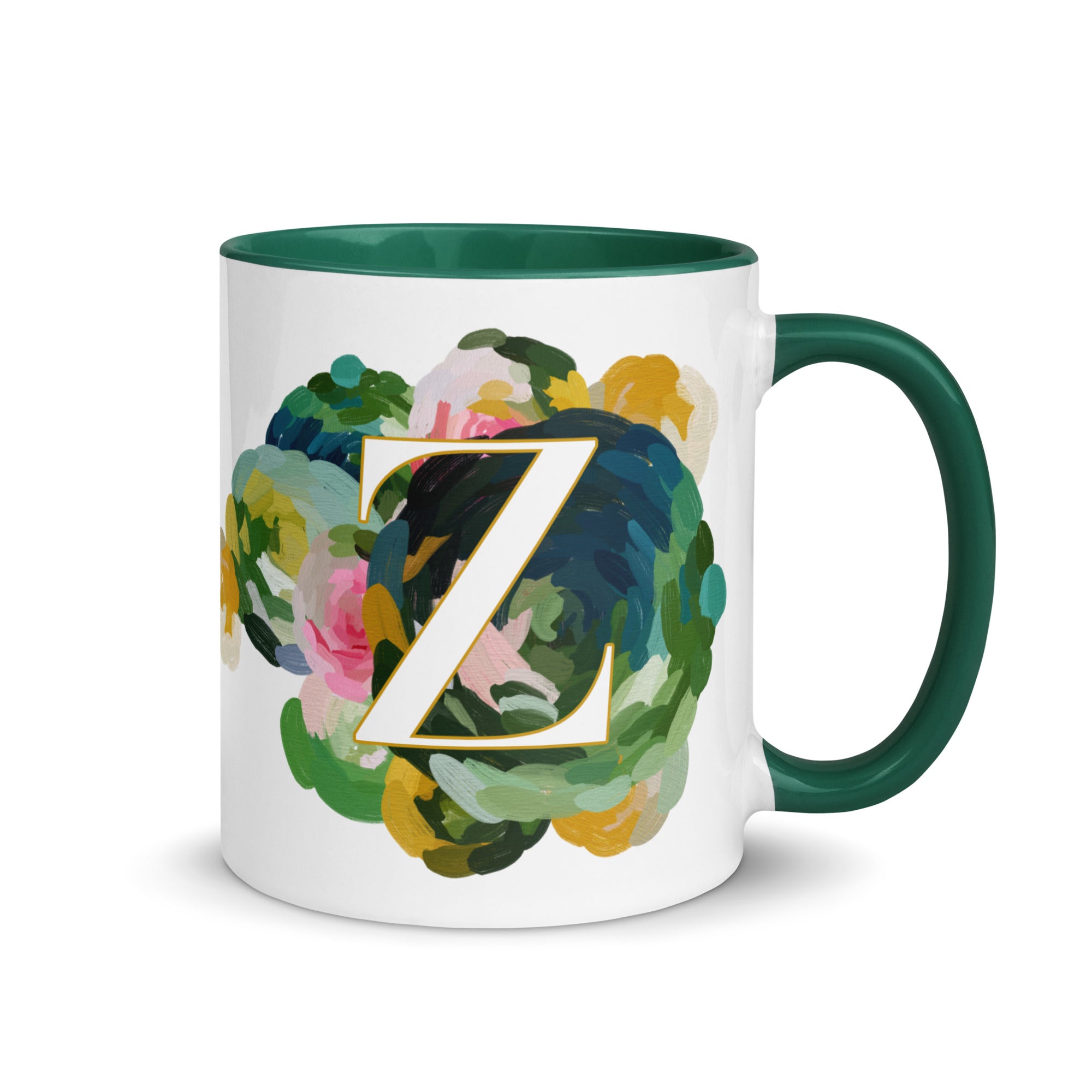 Blue Flowers Monogram Ceramic Mug - Letter Z - Pretty coffee and tea mug for flower lovers. Green colored on the inside and the handle. Art by Parima Studio. Chic floral mug