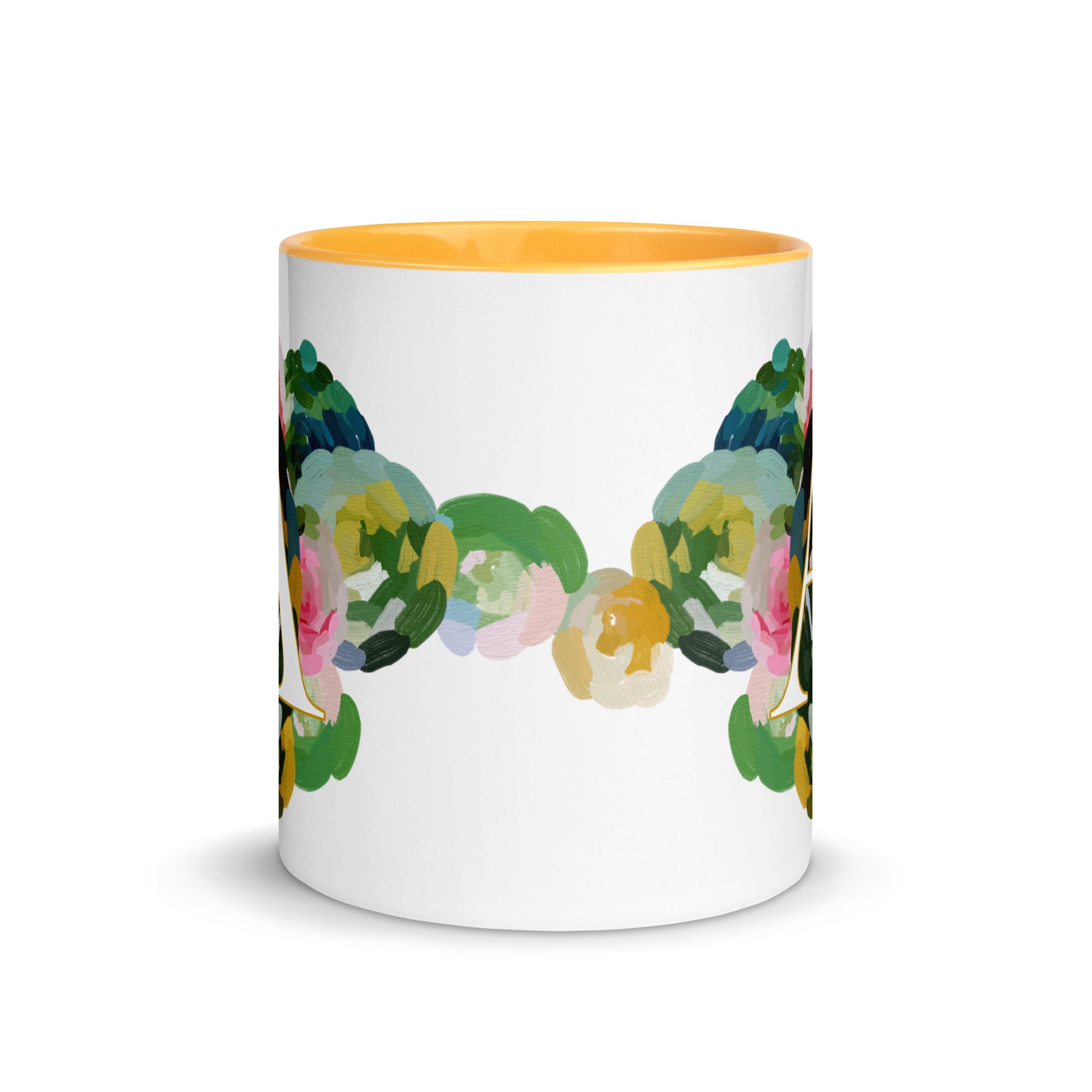 Blue Flowers Monogram Ceramic Mug - Letter A - Pretty coffee and tea mug for flower lovers. Yellow colored on the inside and the handle. Art by Parima Studio. Chic floral mug