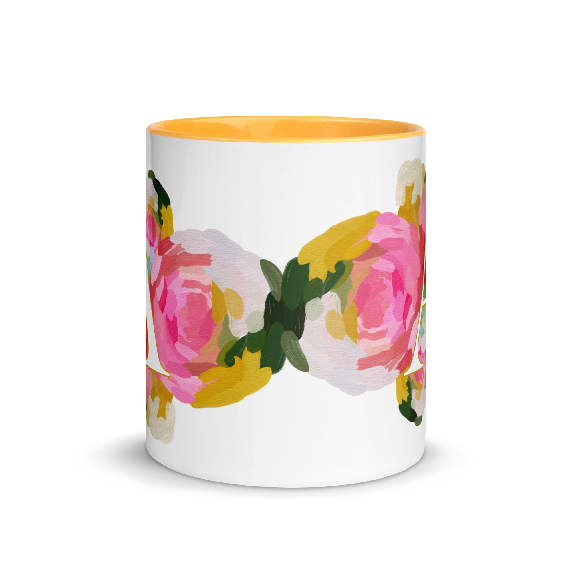 Pink Flowers Monogram Ceramic Mug - Letter A - Pretty coffee and tea mug for flower lovers. Yellow colored on the inside and the handle. Art by Parima Studio