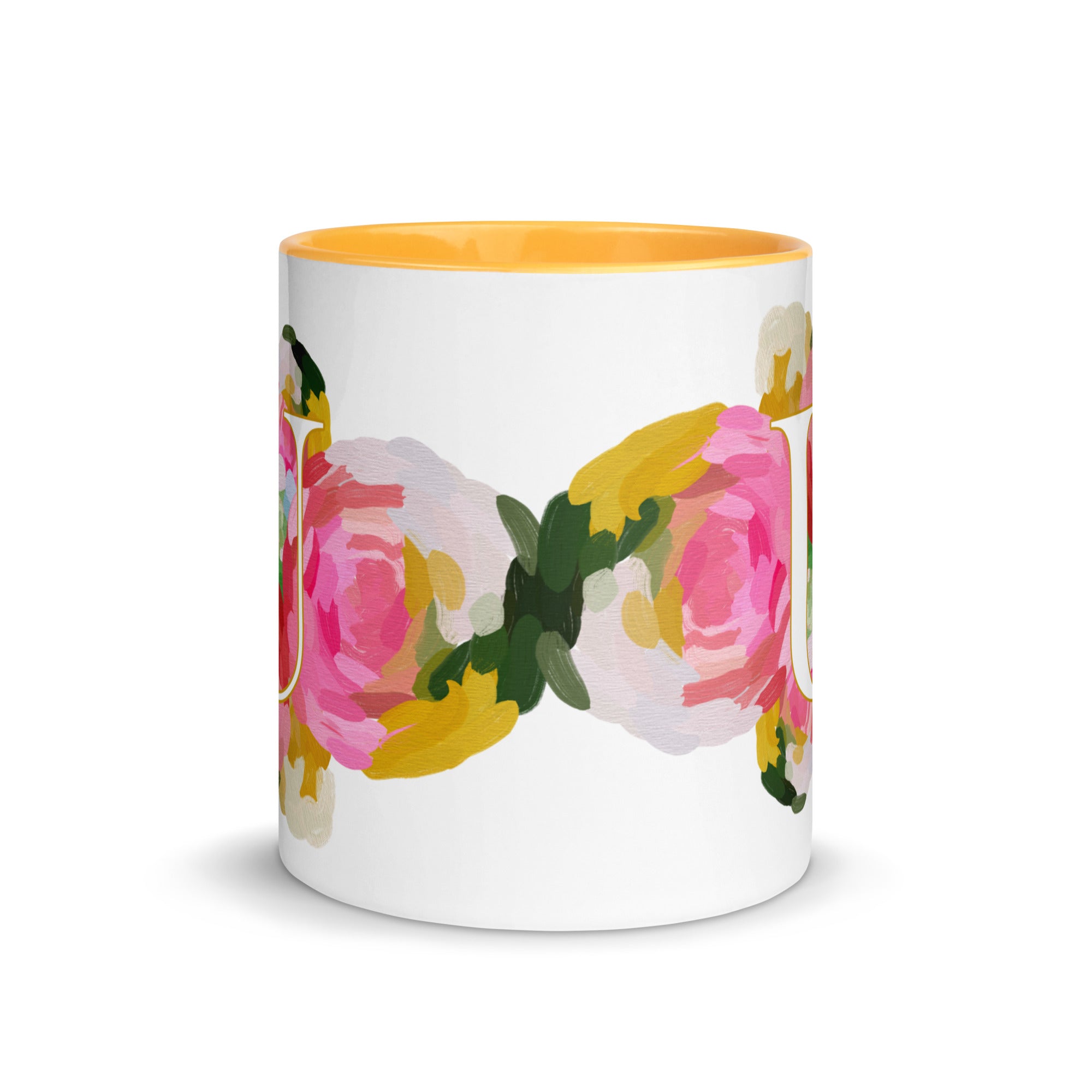 Pink Flowers Monogram Ceramic Mug - Letter U - Pretty coffee and tea mug for flower lovers. Yellow colored on the inside and the handle. Art by Parima Studio. Chic floral mug