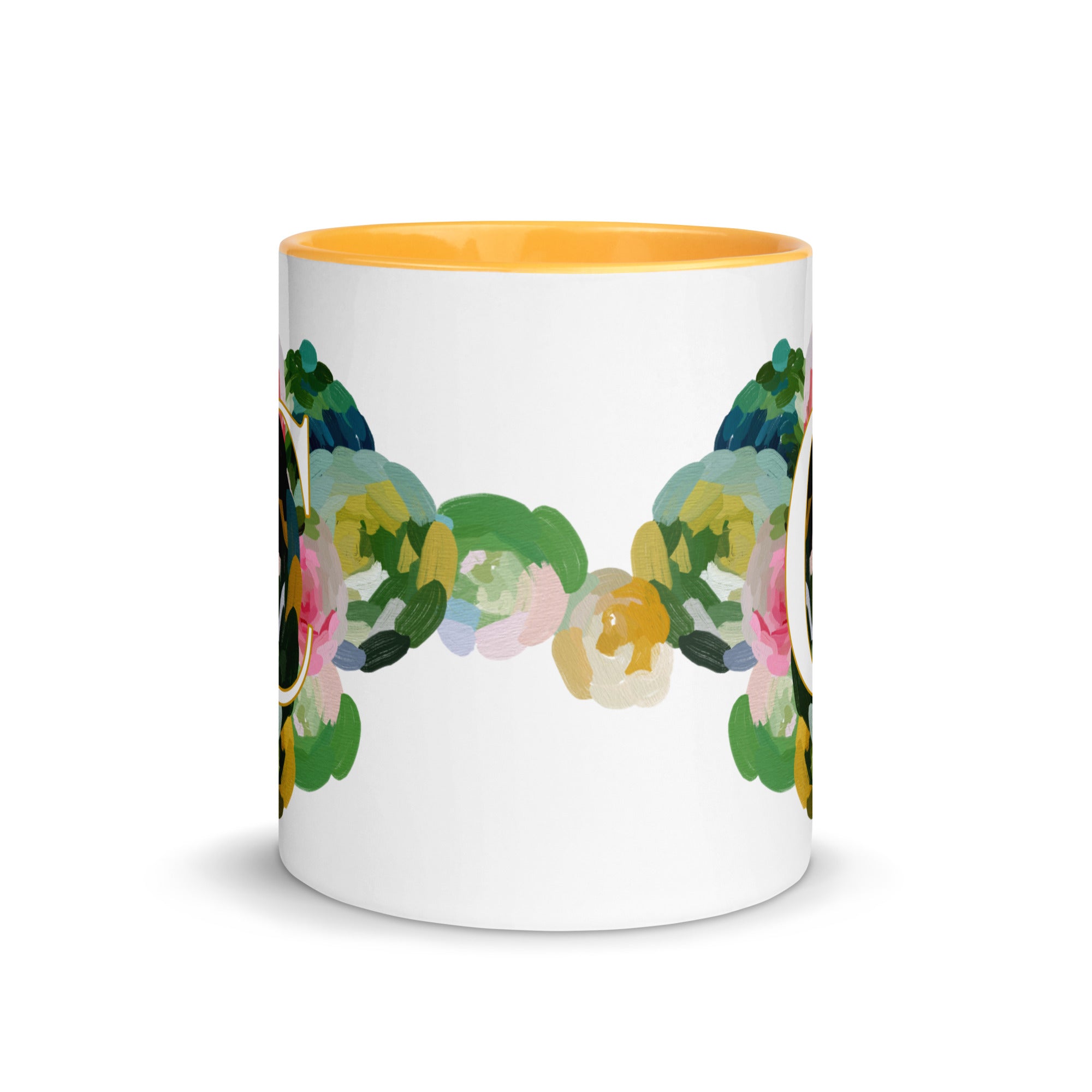 Blue Flowers Monogram Ceramic Mug - Letter C - Pretty coffee and tea mug for flower lovers. Yellow colored on the inside and the handle. Art by Parima Studio. Chic floral mug