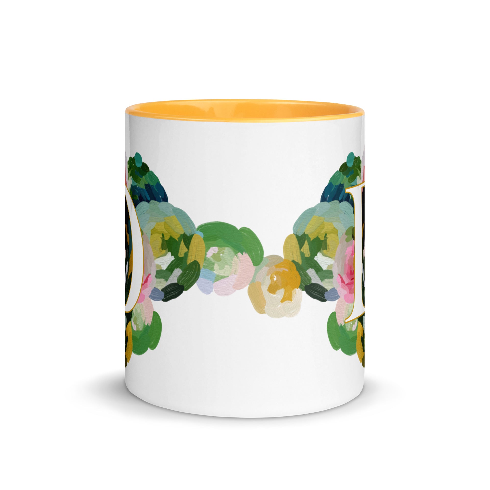 Blue Flowers Monogram Ceramic Mug - Letter D - Pretty coffee and tea mug for flower lovers. Yellow colored on the inside and the handle. Art by Parima Studio. Chic floral mug