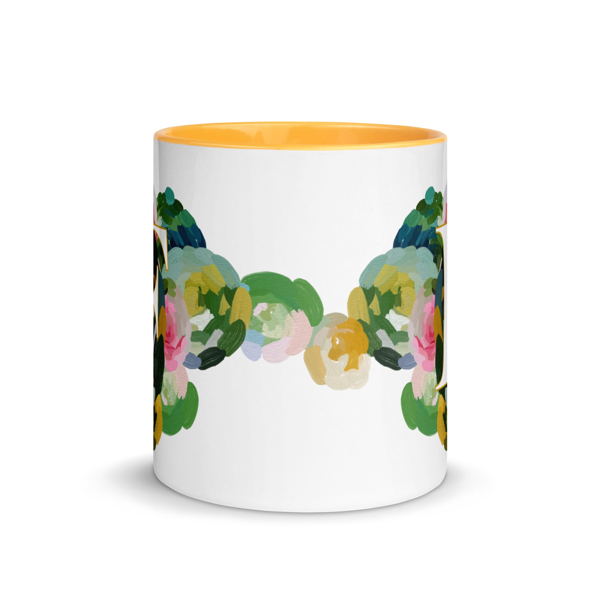 Blue Flowers Monogram Ceramic Mug - Letter F - Pretty coffee and tea mug for flower lovers. Yellow colored on the inside and the handle. Art by Parima Studio. Chic floral mug