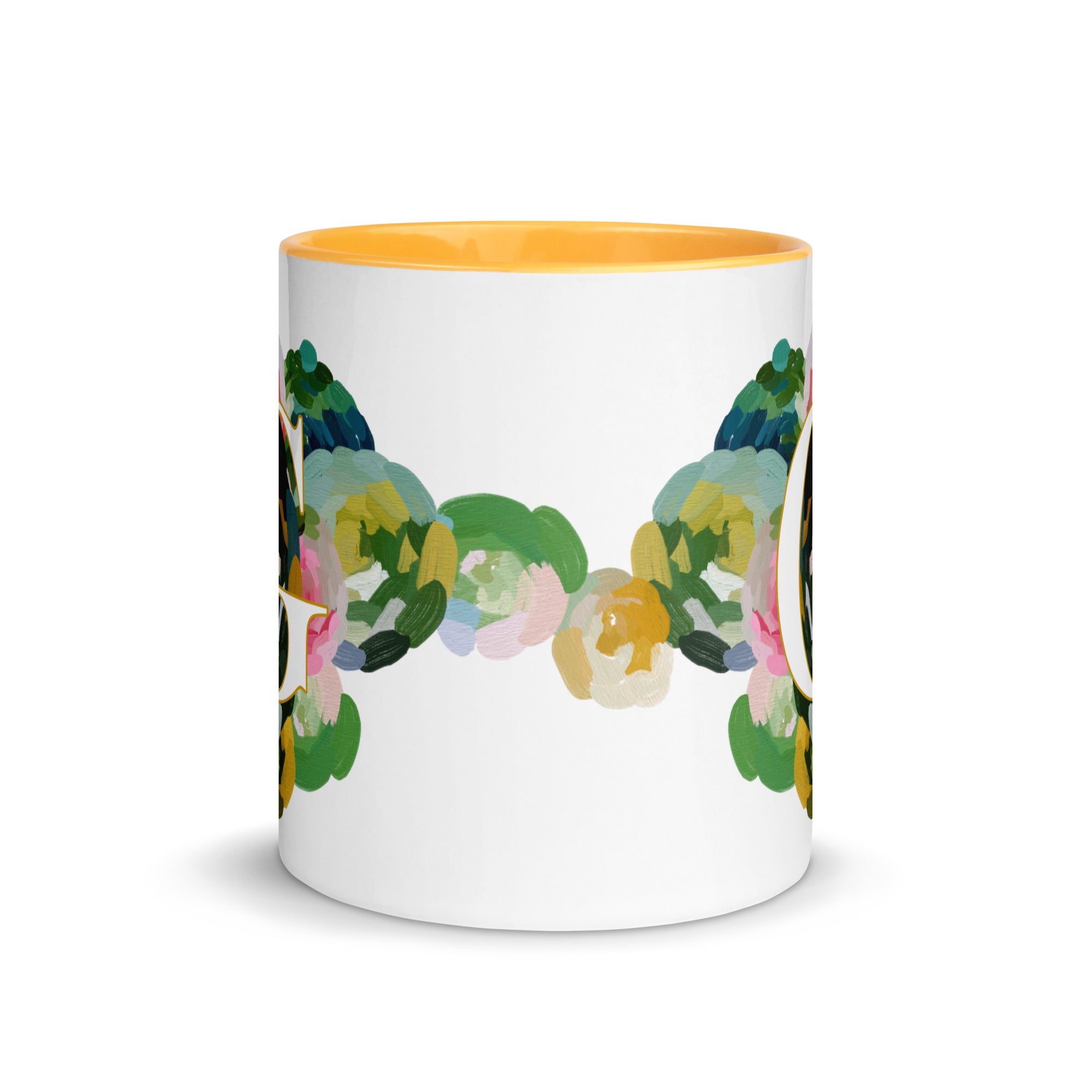 Blue Flowers Monogram Ceramic Mug - Letter G - Pretty coffee and tea mug for flower lovers. Yellow colored on the inside and the handle. Art by Parima Studio. Chic floral mug