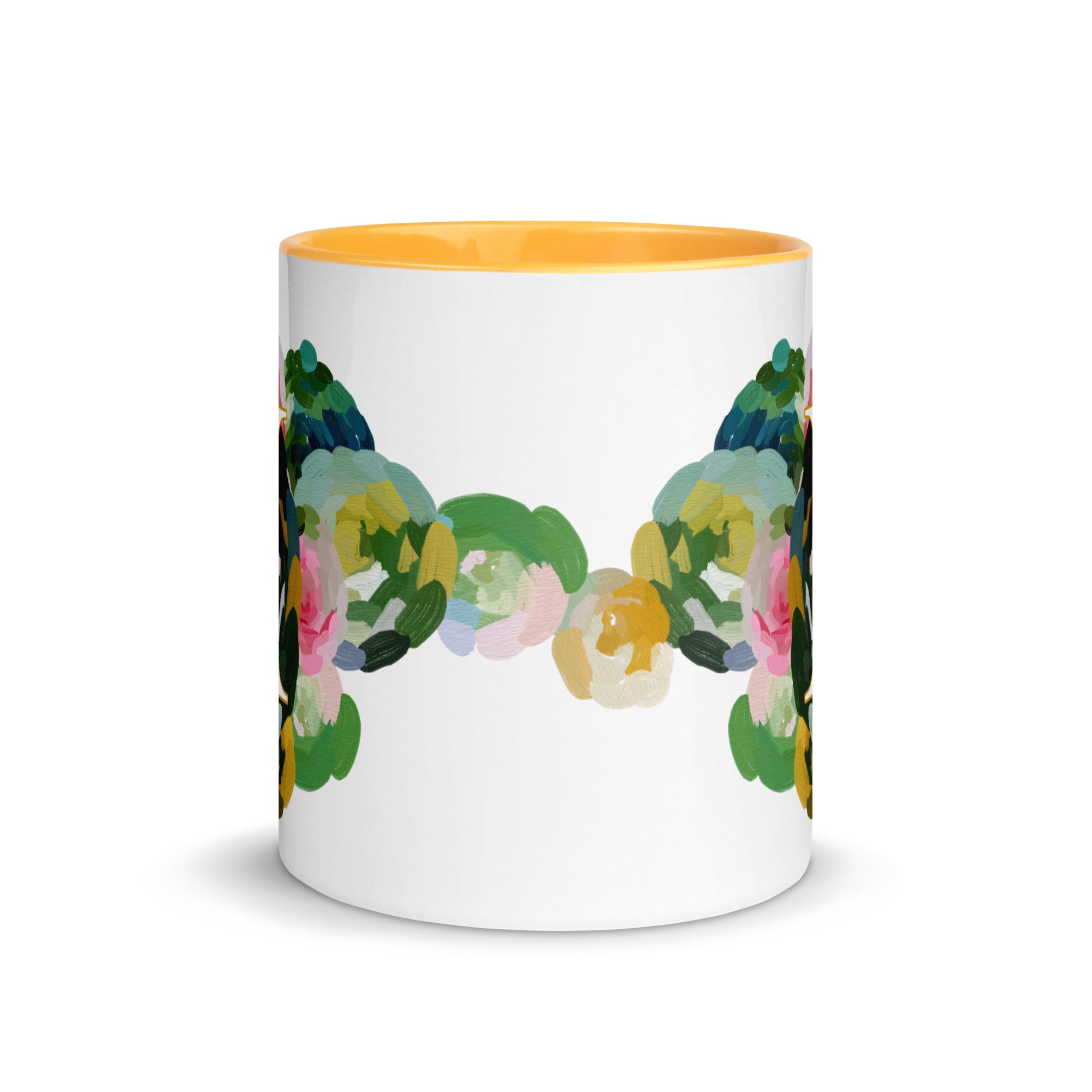 Blue Flowers Monogram Ceramic Mug - Letter I - Pretty coffee and tea mug for flower lovers. Yellow colored on the inside and the handle. Art by Parima Studio. Chic floral mug