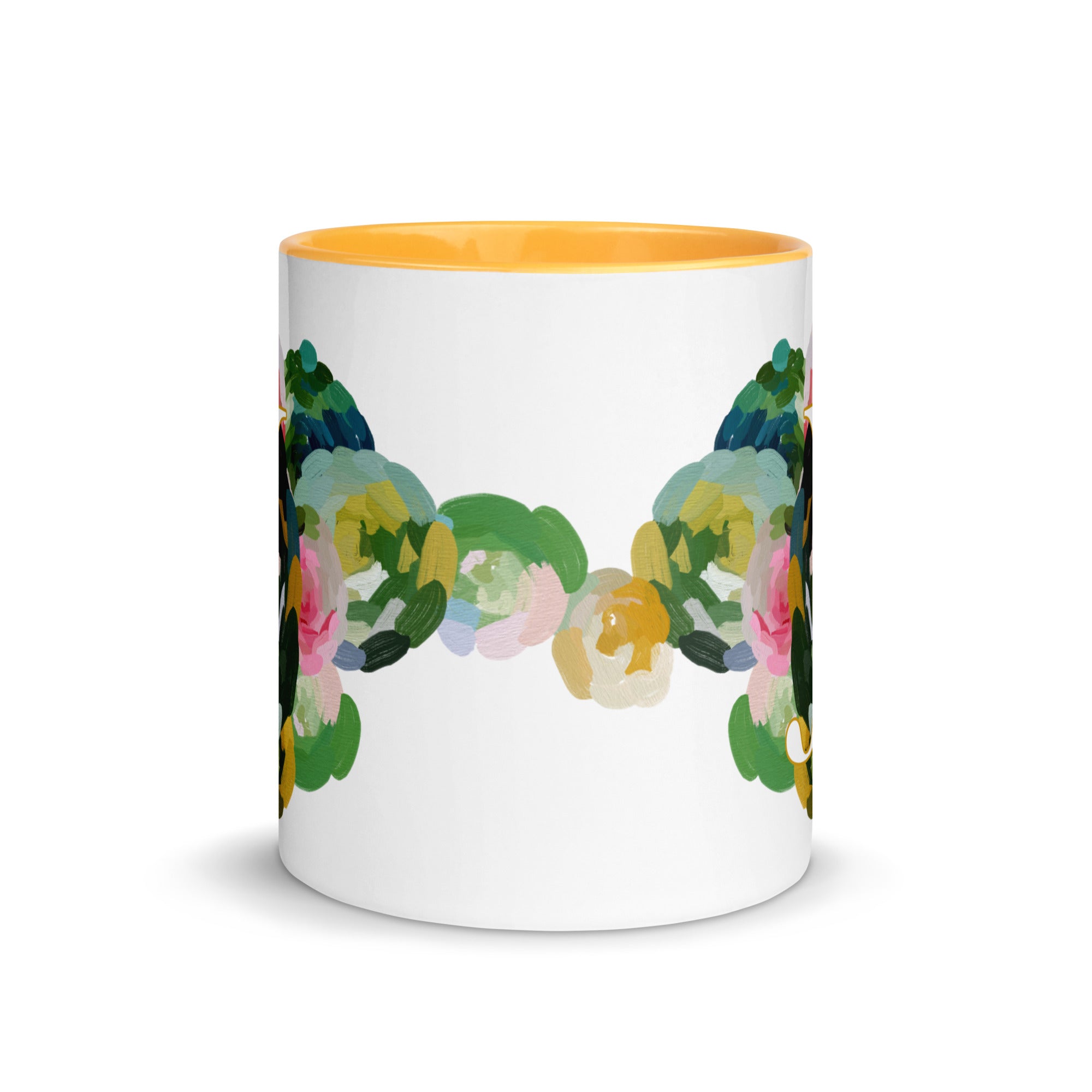 Blue Flowers Monogram Ceramic Mug - Letter J - Pretty coffee and tea mug for flower lovers. Yellow colored on the inside and the handle. Art by Parima Studio. Chic floral mug
