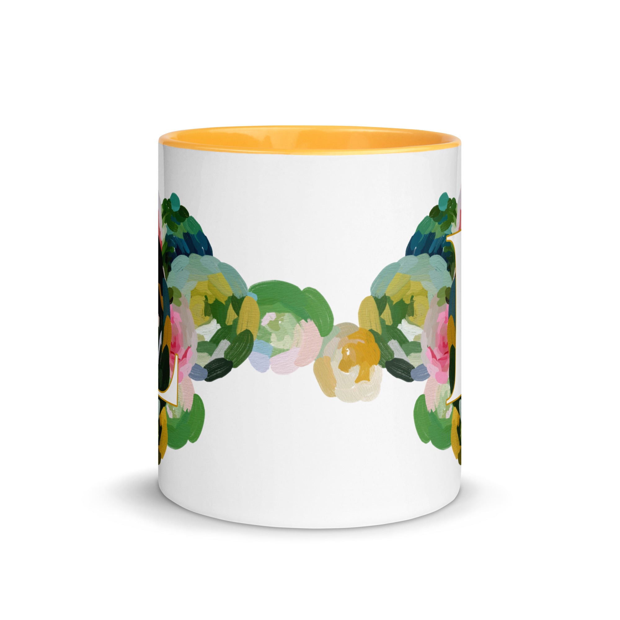 Blue Flowers Monogram Ceramic Mug - Letter L - Pretty coffee and tea mug for flower lovers. Yellow colored on the inside and the handle. Art by Parima Studio. Chic floral mug
