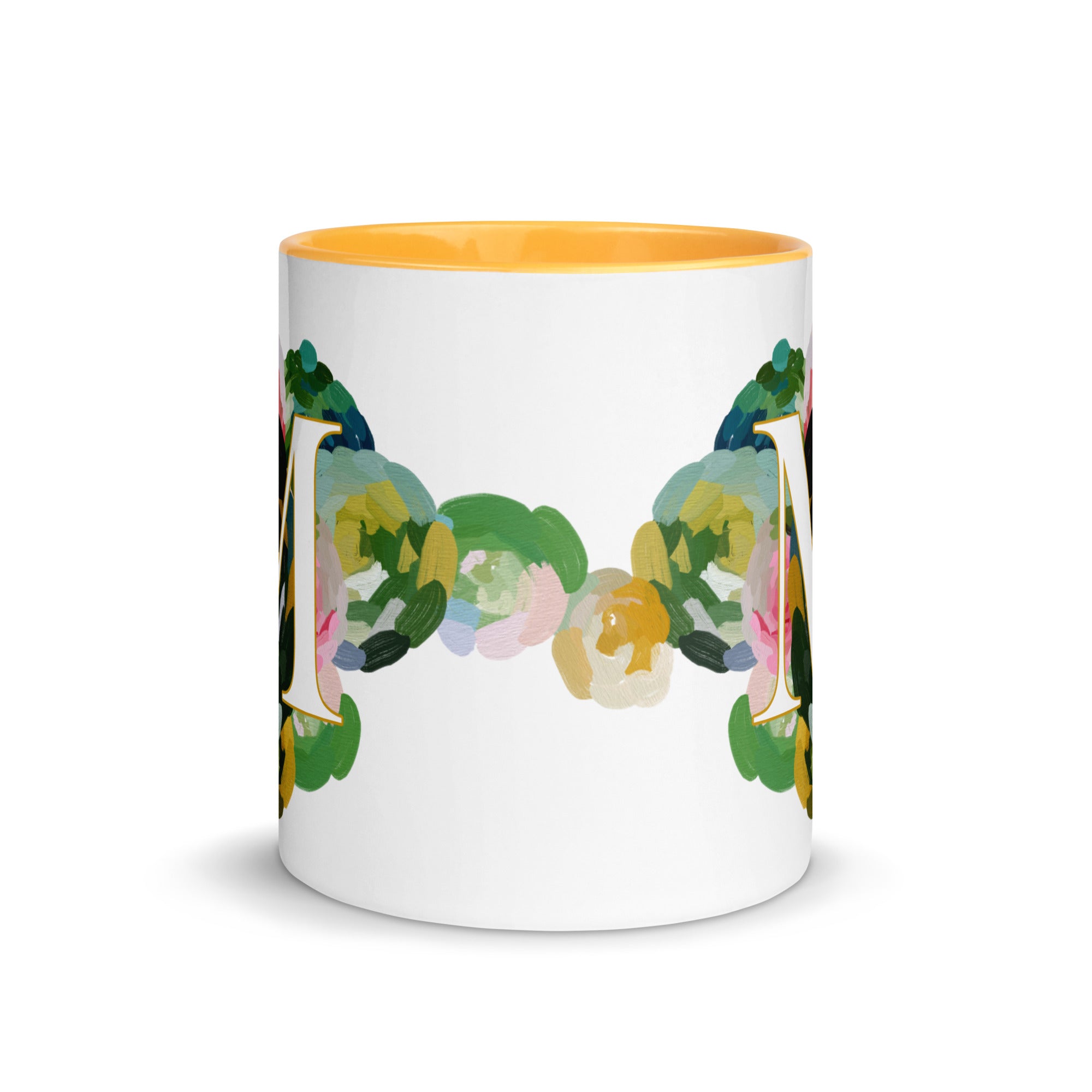 Blue Flowers Monogram Ceramic Mug - Letter M - Pretty coffee and tea mug for flower lovers. Yellow colored on the inside and the handle. Art by Parima Studio. Chic floral mug