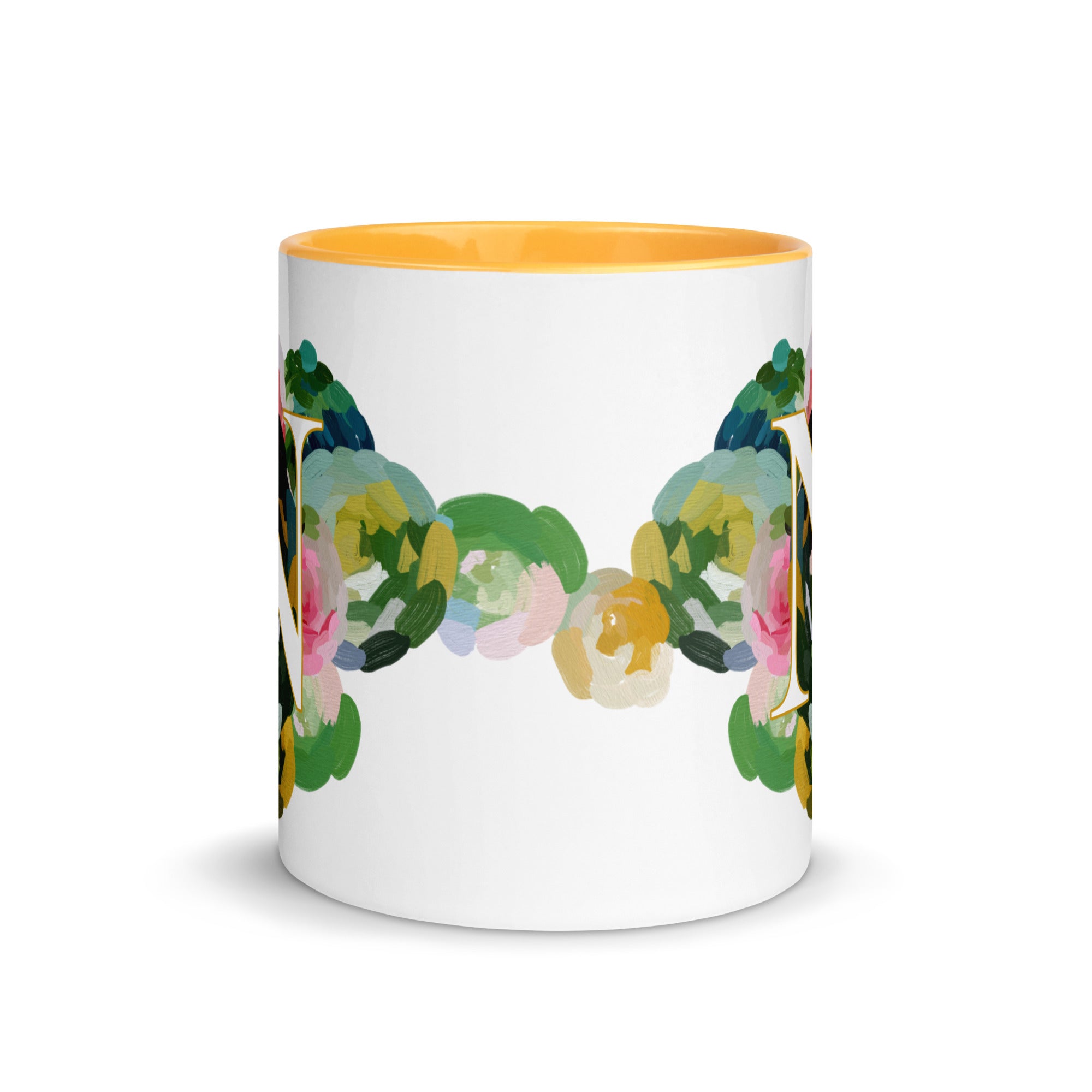 Blue Flowers Monogram Ceramic Mug - Letter N - Pretty coffee and tea mug for flower lovers. Yellow colored on the inside and the handle. Art by Parima Studio. Chic floral mug