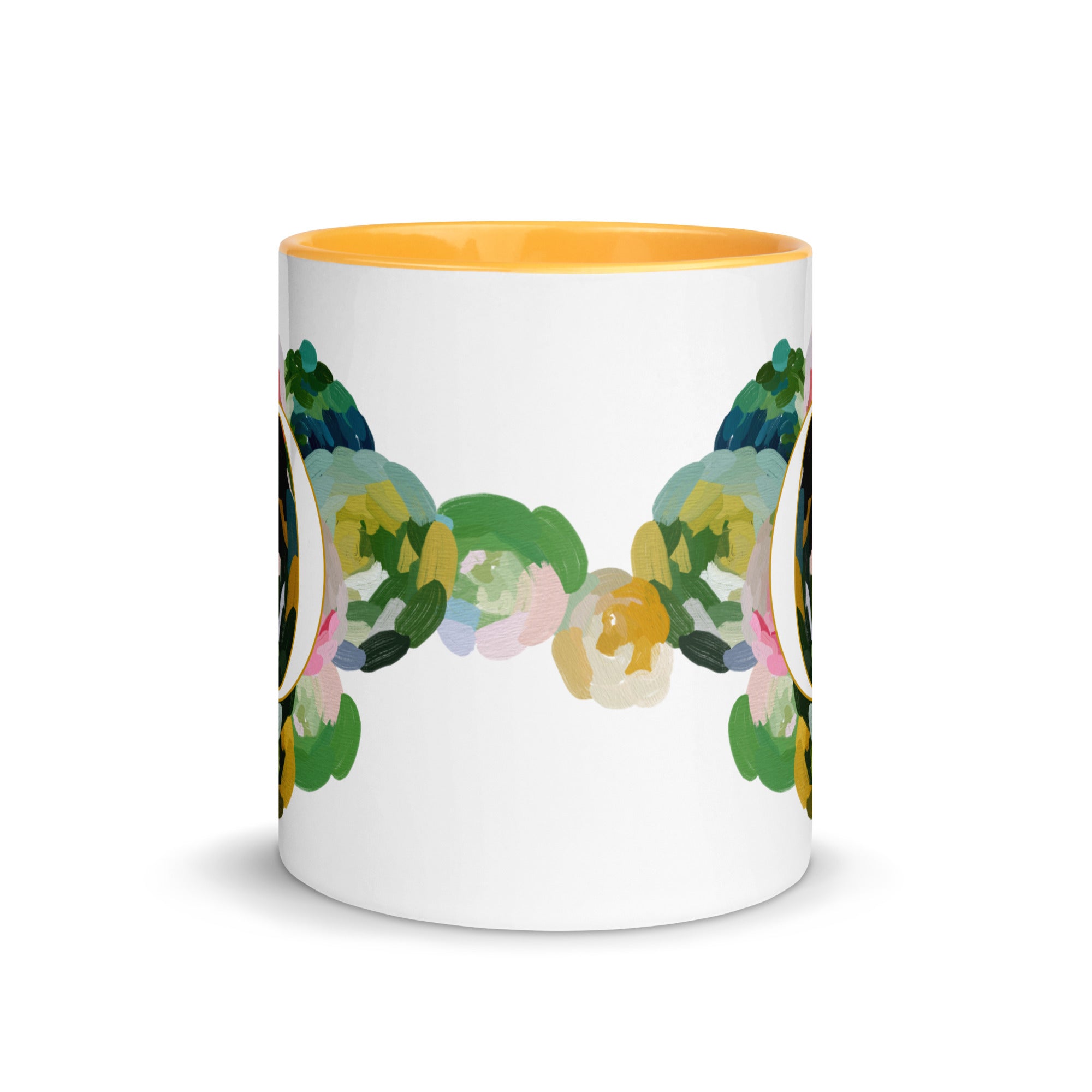 Blue Flowers Monogram Ceramic Mug - Letter O - Pretty coffee and tea mug for flower lovers. Yellow colored on the inside and the handle. Art by Parima Studio. Chic floral mug