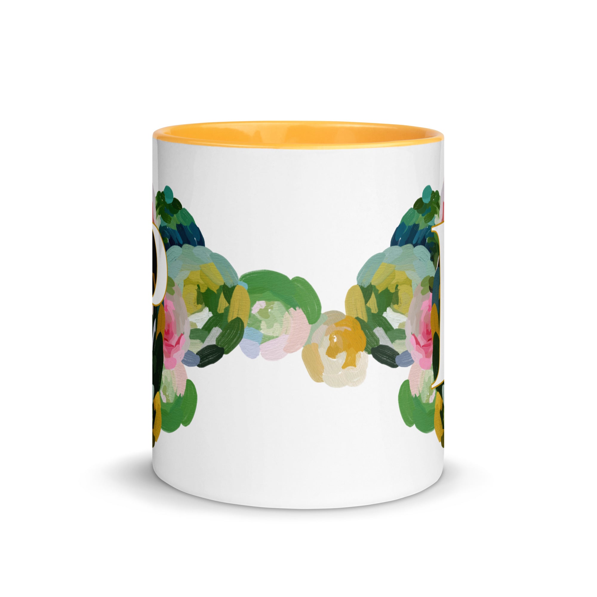 Blue Flowers Monogram Ceramic Mug - Letter P - Pretty coffee and tea mug for flower lovers. Yellow colored on the inside and the handle. Art by Parima Studio. Chic floral mug
