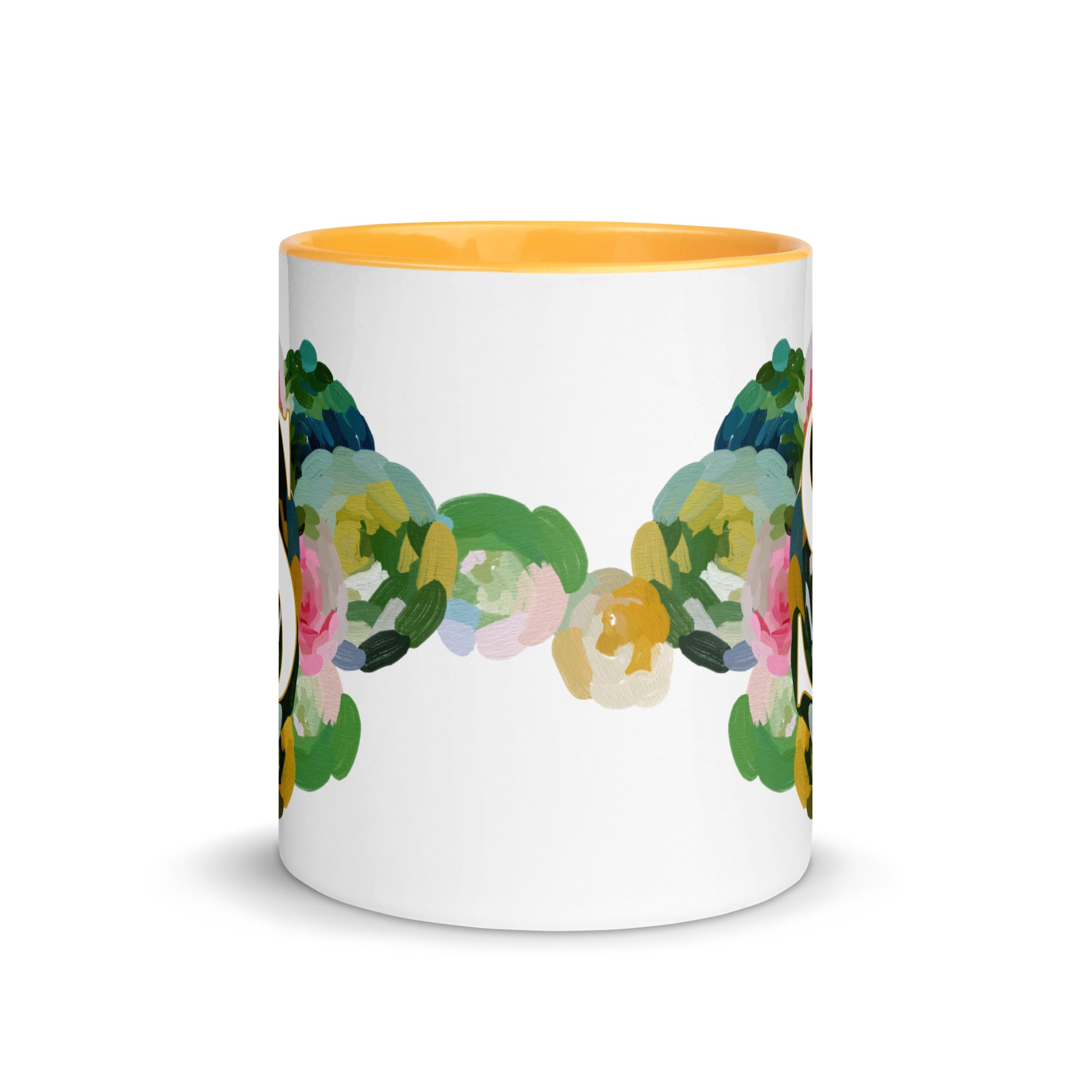 Blue Flowers Monogram Ceramic Mug - Letter S - Pretty coffee and tea mug for flower lovers. Yellow colored on the inside and the handle. Art by Parima Studio. Chic floral mug