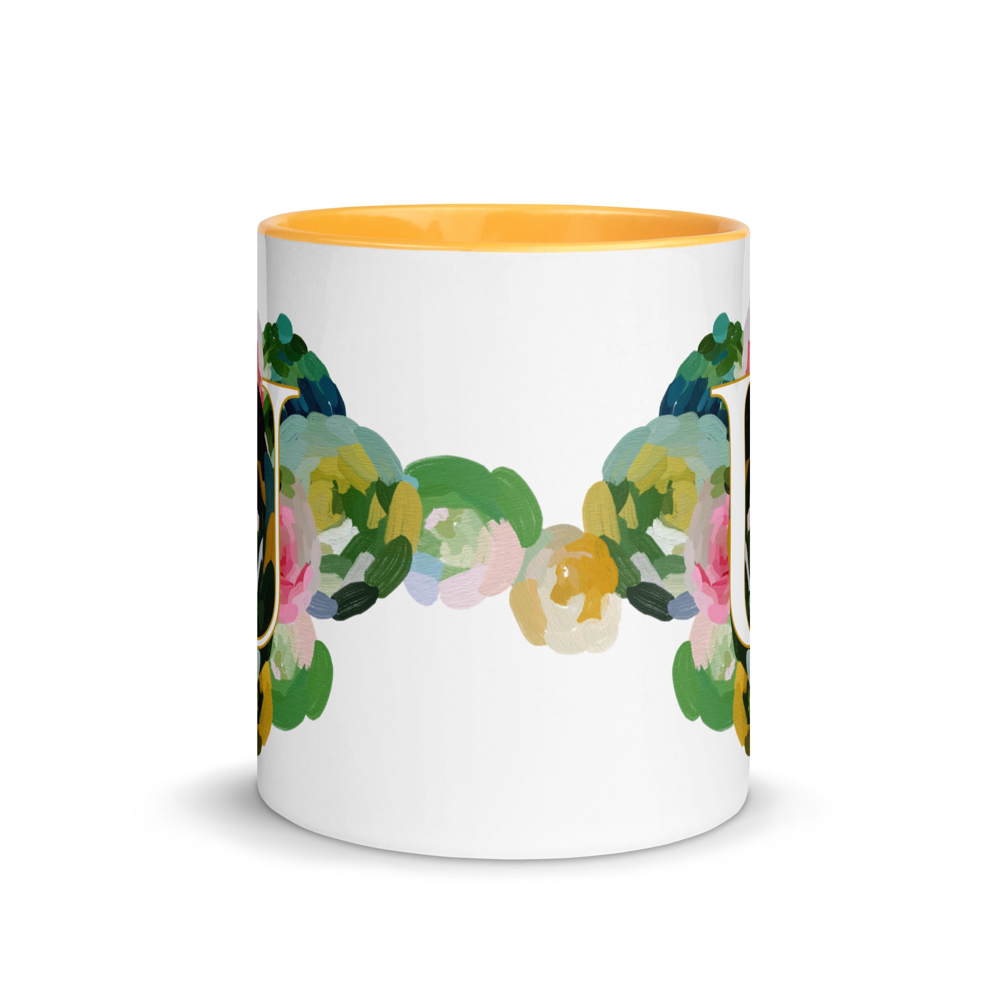 Blue Flowers Monogram Ceramic Mug - Letter U - Pretty coffee and tea mug for flower lovers. Yellow colored on the inside and the handle. Art by Parima Studio. Chic floral mug