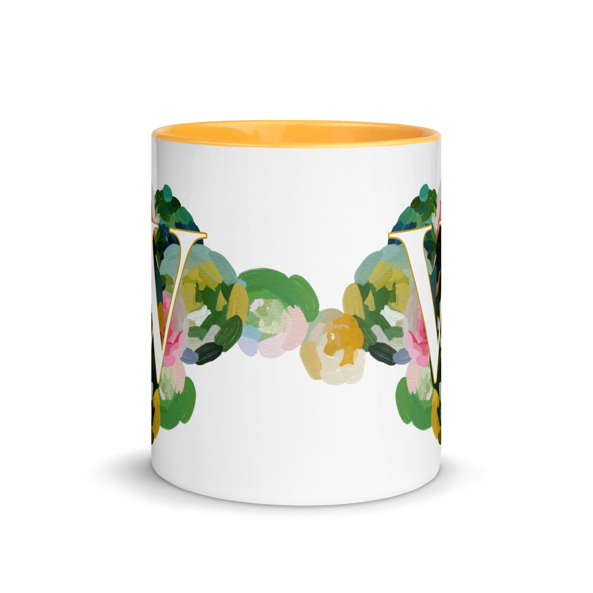 Blue Flowers Monogram Ceramic Mug - LetterW - Pretty coffee and tea mug for flower lovers. Yellow colored on the inside and the handle. Art by Parima Studio. Chic floral mug
