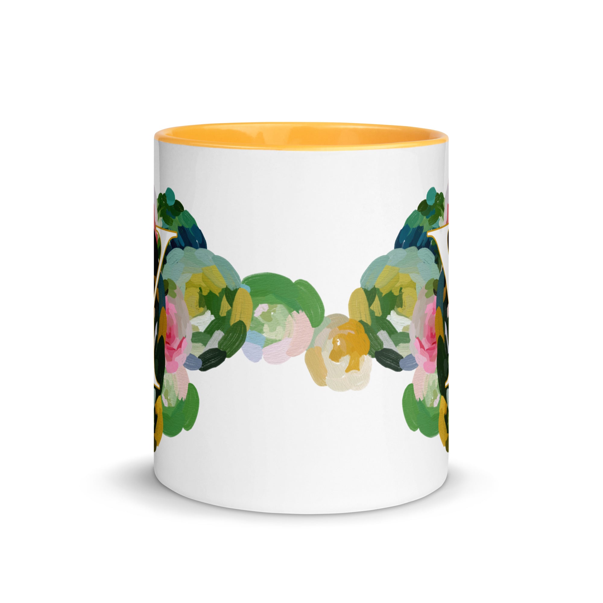 Blue Flowers Monogram Ceramic Mug - Letter Y - Pretty coffee and tea mug for flower lovers. Yellow colored on the inside and the handle. Art by Parima Studio. Chic floral mug