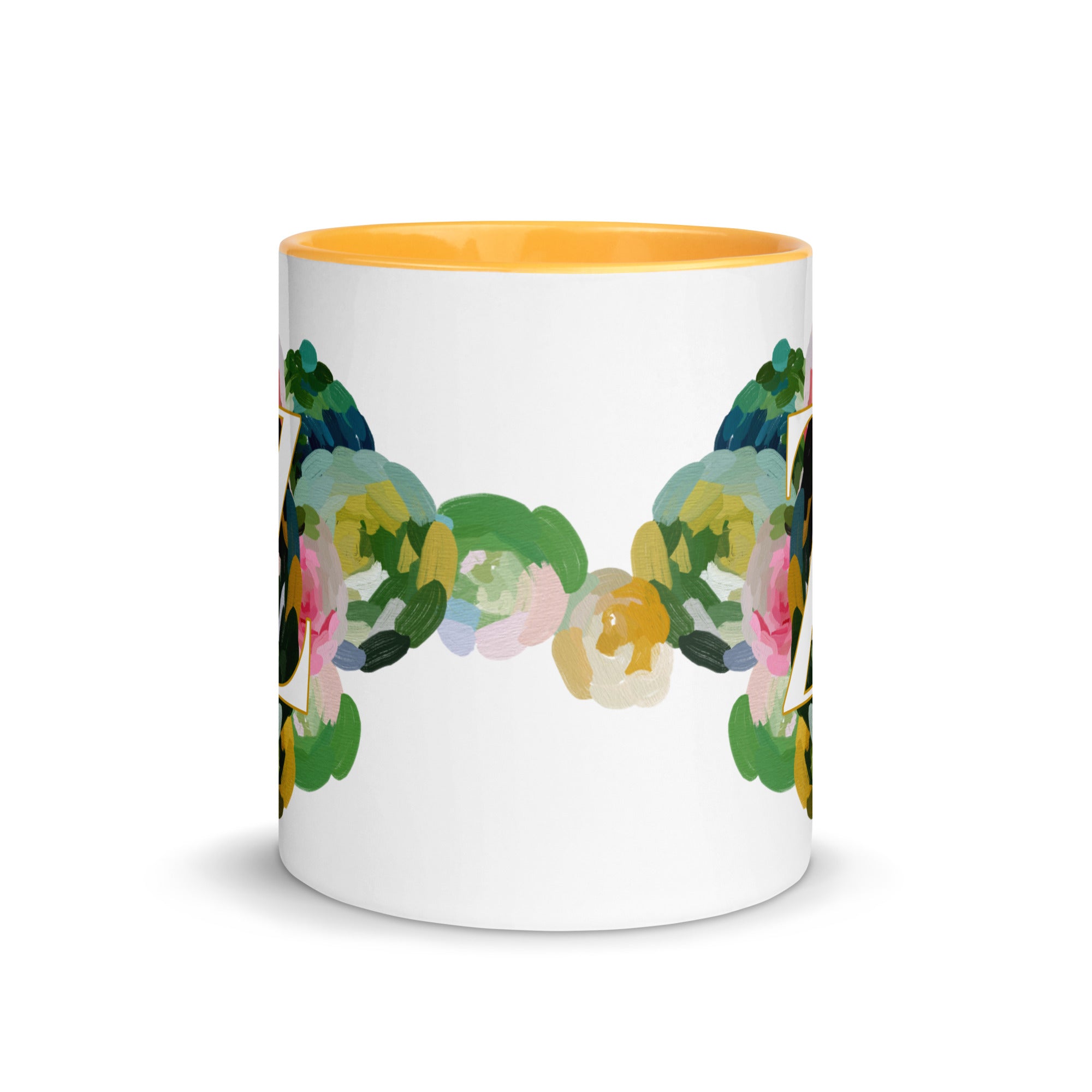 Blue Flowers Monogram Ceramic Mug - Letter Z - Pretty coffee and tea mug for flower lovers. Yellow colored on the inside and the handle. Art by Parima Studio. Chic floral mug