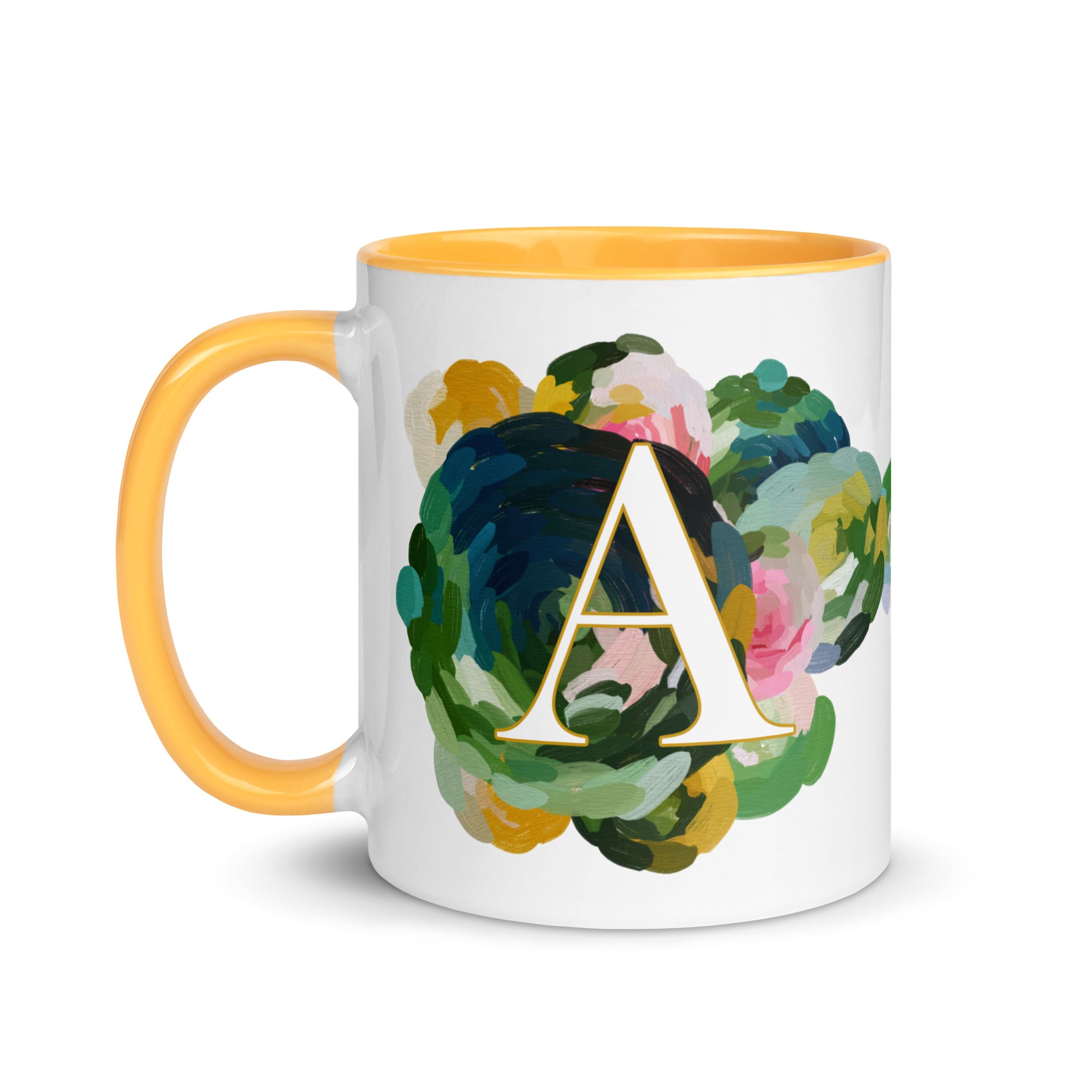 Blue Flowers Monogram Ceramic Mug - Letter A - Pretty coffee and tea mug for flower lovers. Yellow colored on the inside and the handle. Art by Parima Studio. Chic floral mug