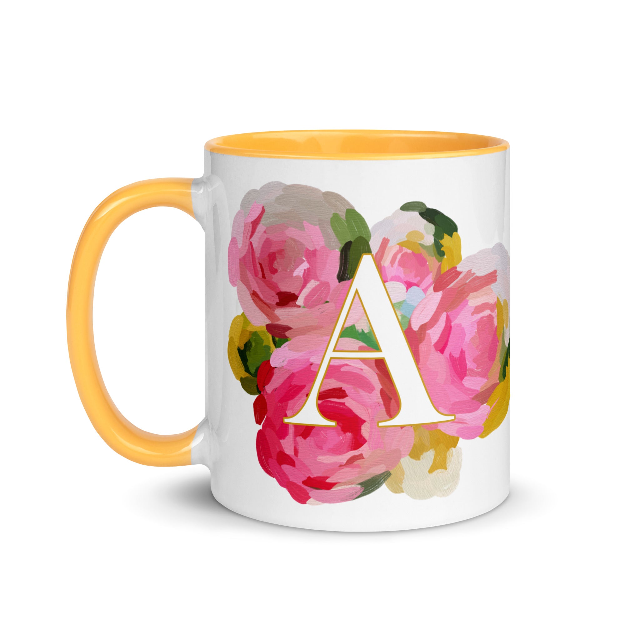 Pink Flowers Monogram Ceramic Mug - Letter A - Pretty coffee and tea mug for flower lovers. Yellow colored on the inside and the handle. Art by Parima Studio
