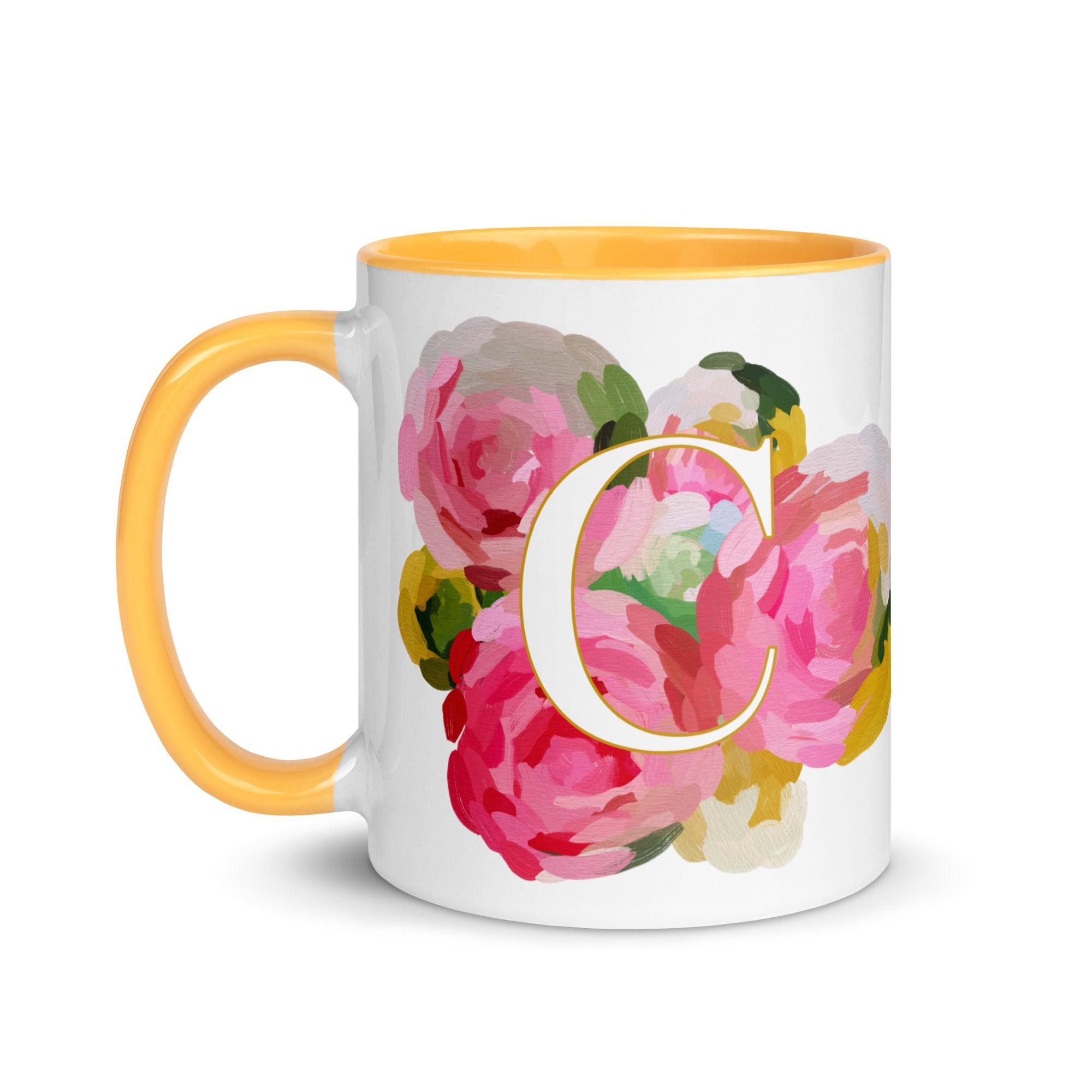 Pink Flowers Monogram Ceramic Mug - Letter C - Pretty coffee and tea mug for flower lovers. Yellow colored on the inside and the handle. Art by Parima Studio. Chic floral mug