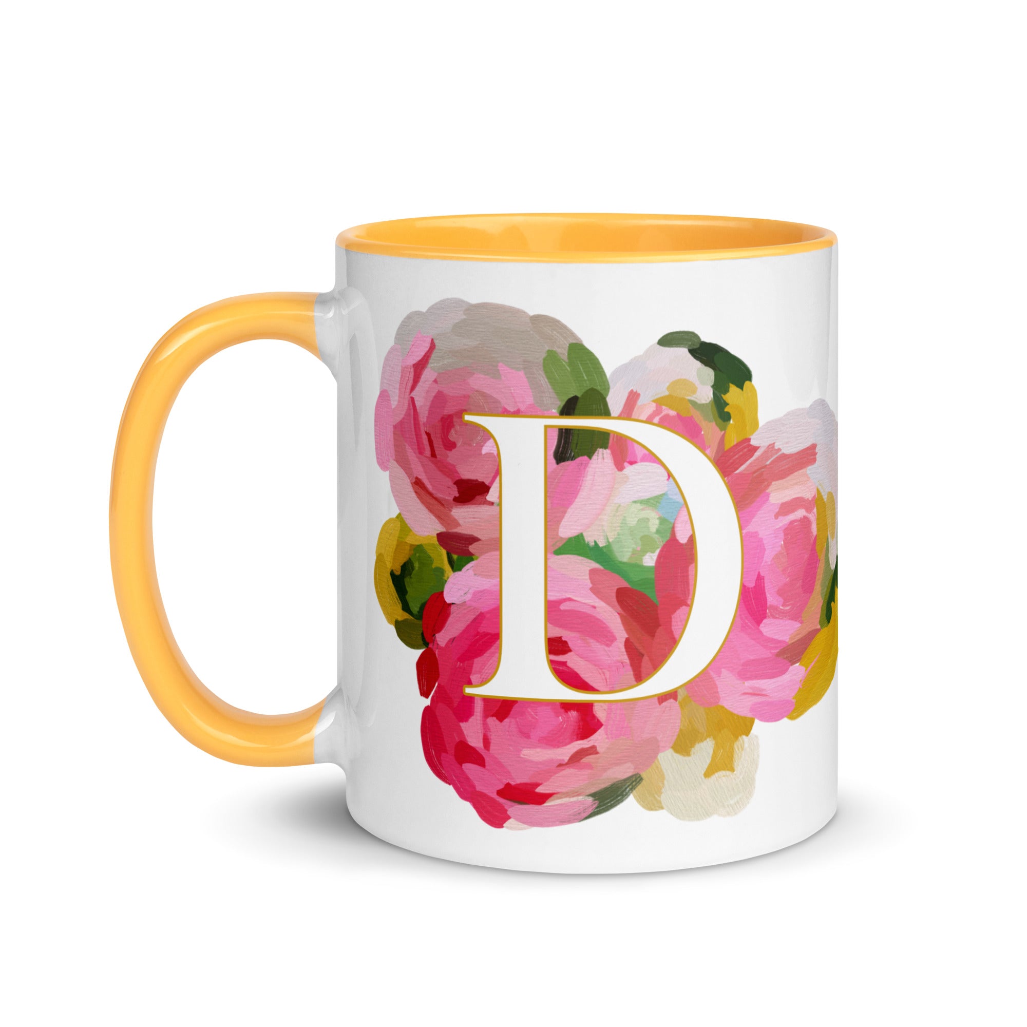 Pink Flowers Monogram Ceramic Mug - Letter D - Pretty coffee and tea mug for flower lovers. Yellow colored on the inside and the handle. Art by Parima Studio. Chic floral mug