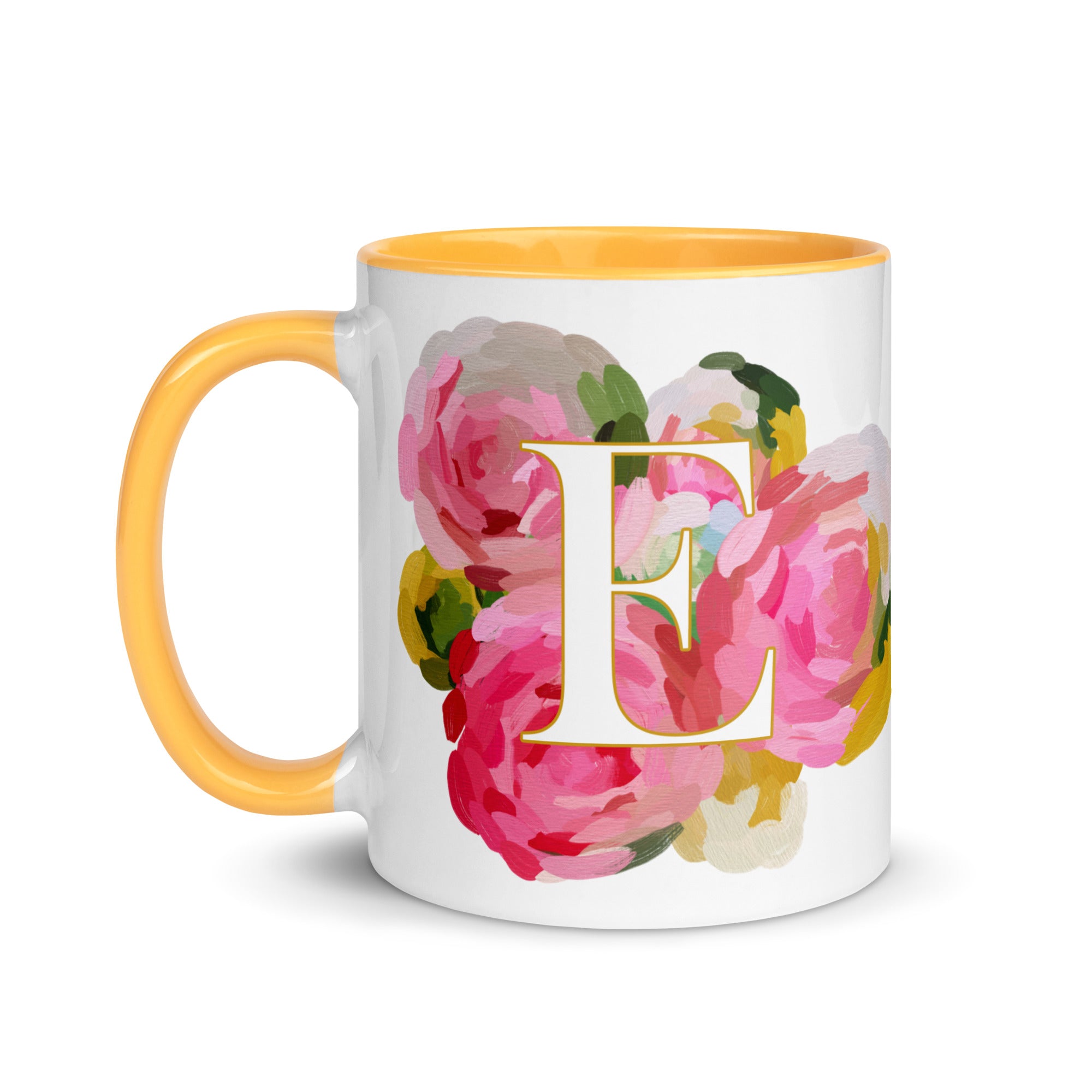 Pink Flowers Monogram Ceramic Mug - Letter E - Pretty coffee and tea mug for flower lovers. Yellow colored on the inside and the handle. Art by Parima Studio. Chic floral mug