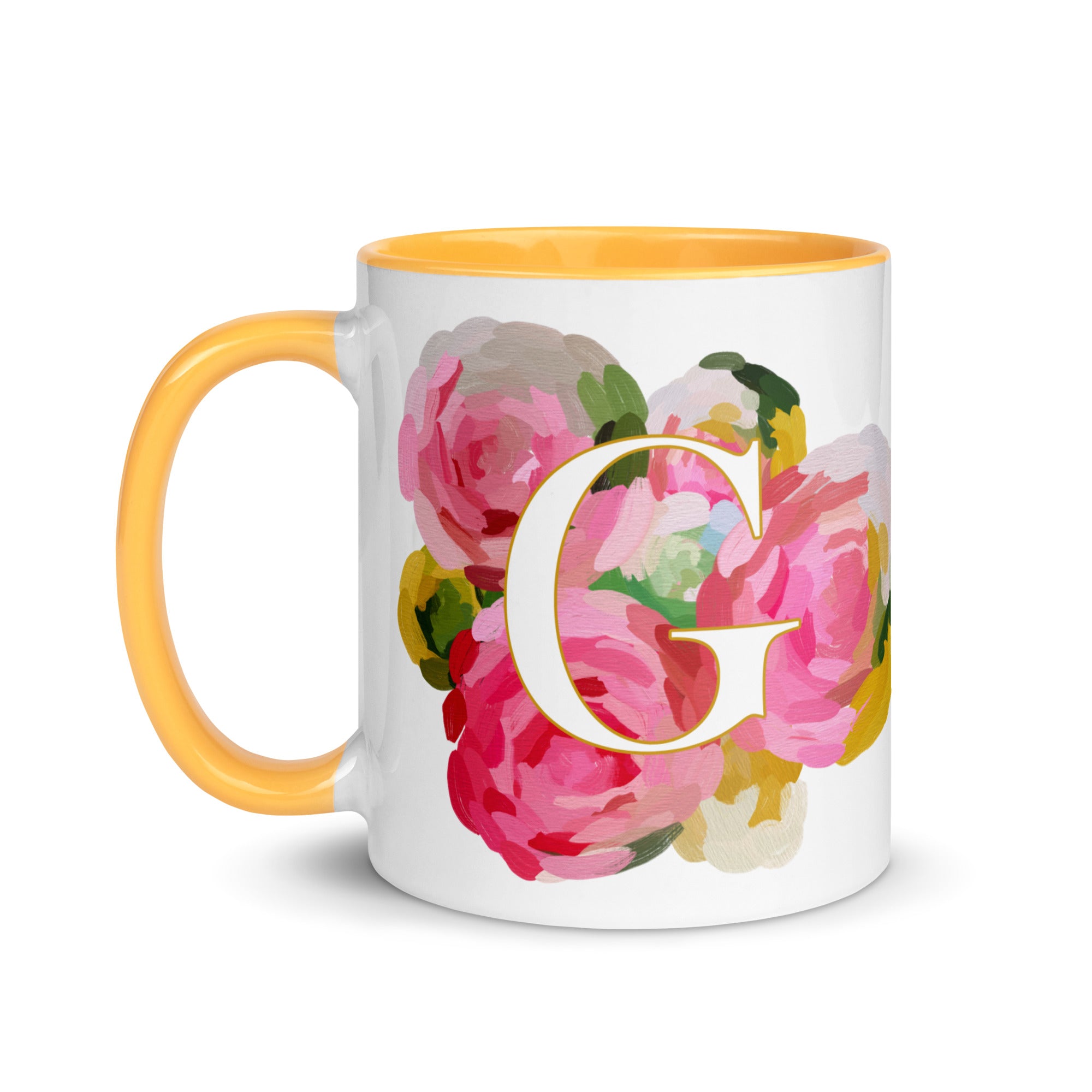 Pink Flowers Monogram Ceramic Mug - Letter G - Pretty coffee and tea mug for flower lovers. Yellow colored on the inside and the handle. Art by Parima Studio. Chic floral mug